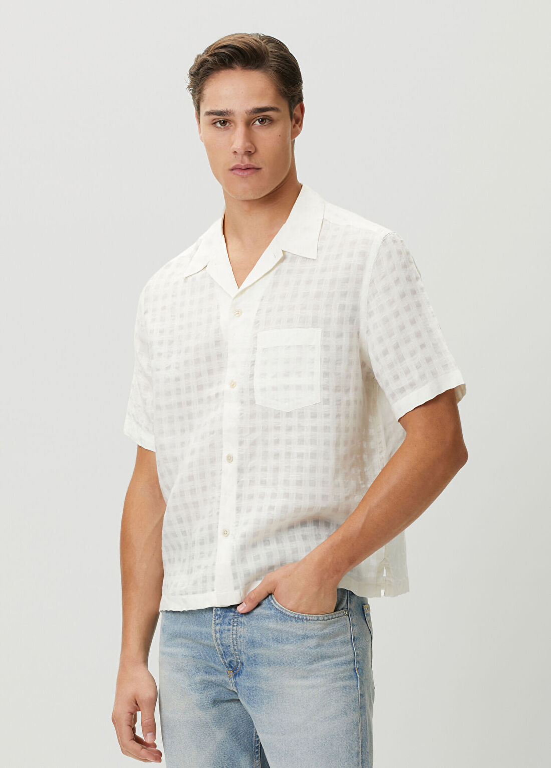 AllSaints Aubrey Beyaz Kareli Keten Gömlek görsel 3