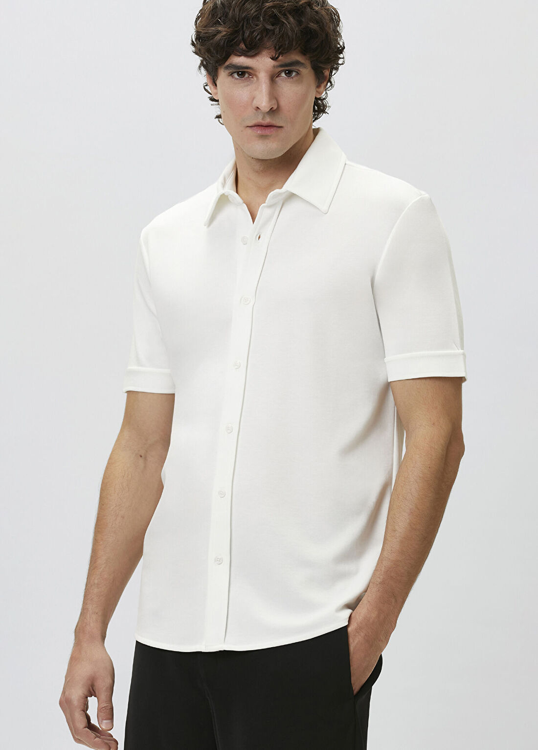 Network Slim Fit Kırık Beyaz Kısa Kol Örme Gömlek