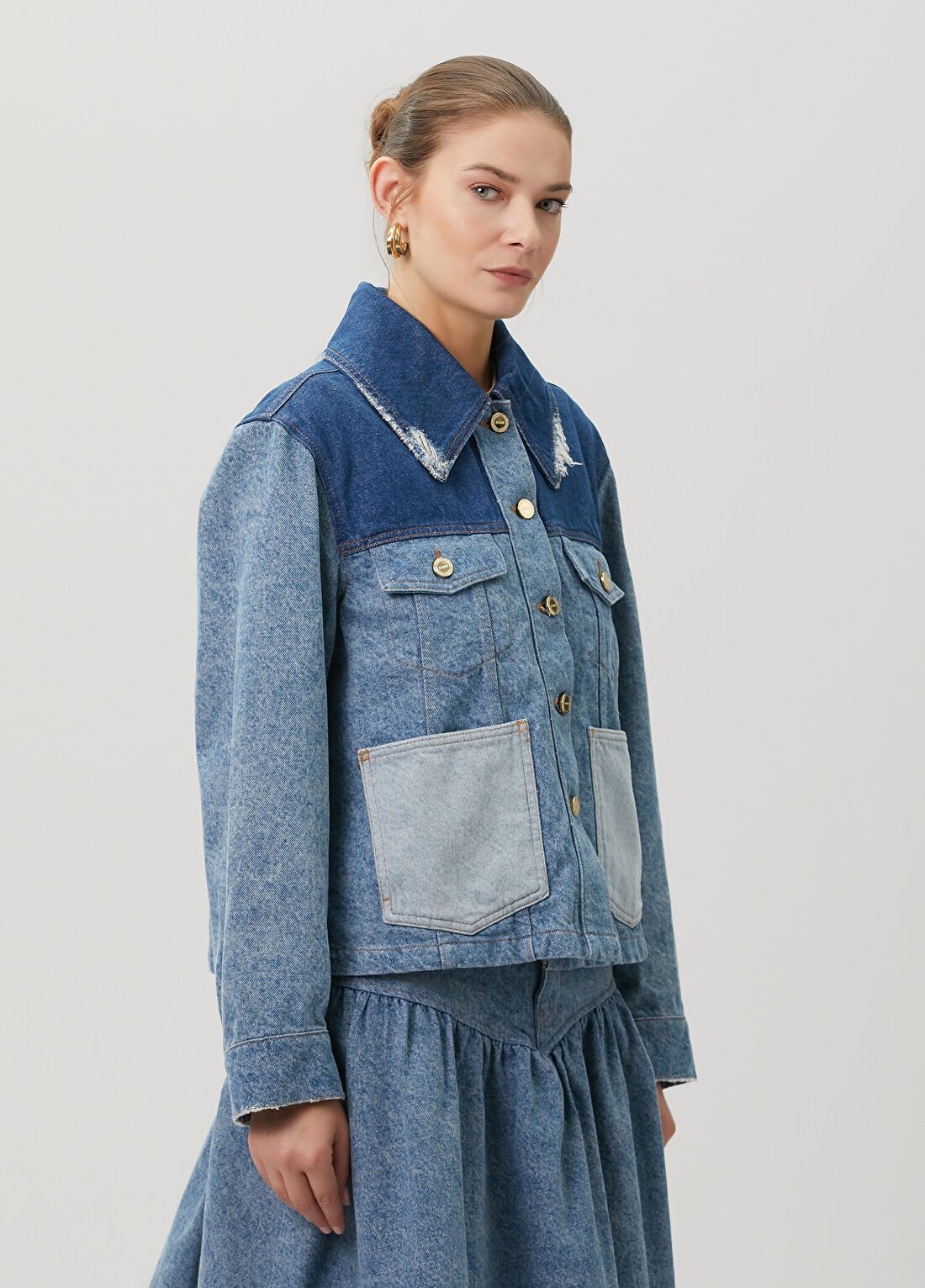 Ganni Mavi Patchwork Denim Ceket görsel 3
