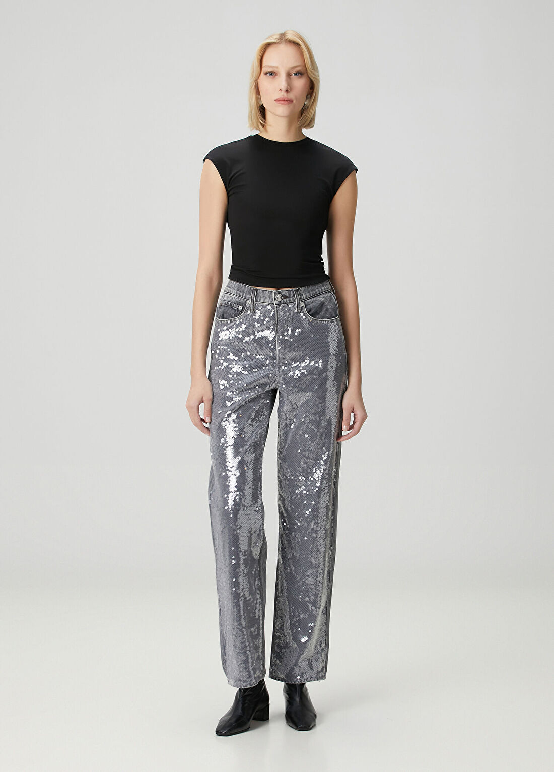 Rag&Bone Shea Relaxed Straight Gri Payetli Jean Pantolon