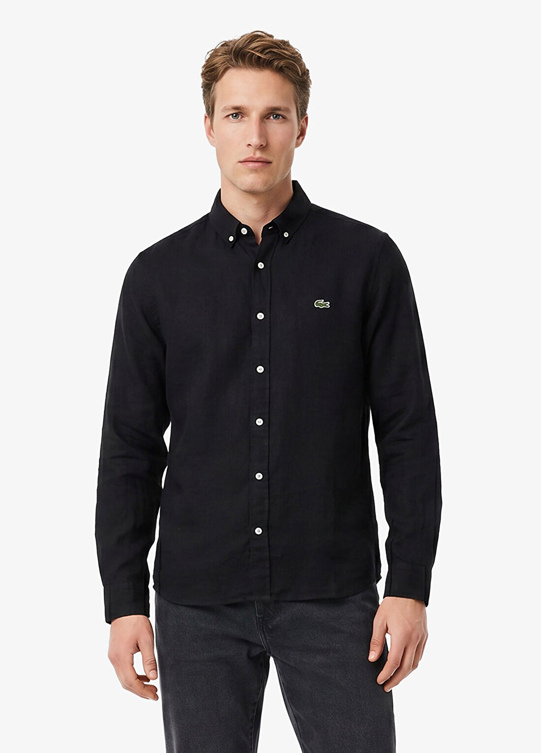 Lacoste Siyah Keten Düğmeli Yaka Regular Fit Uzun Kollu Erkek Gömlek