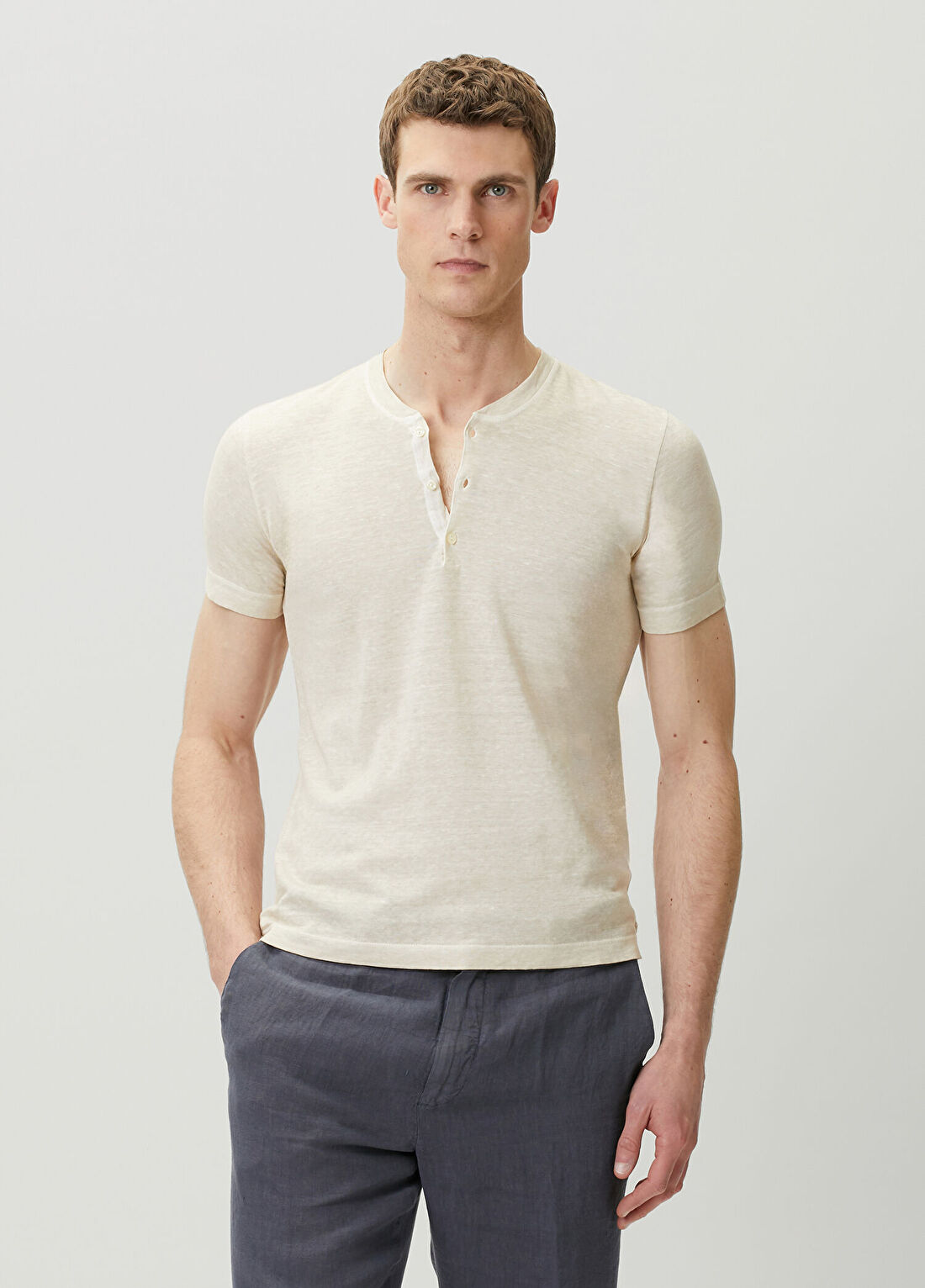 120% Lino Ekru Keten T-shirt