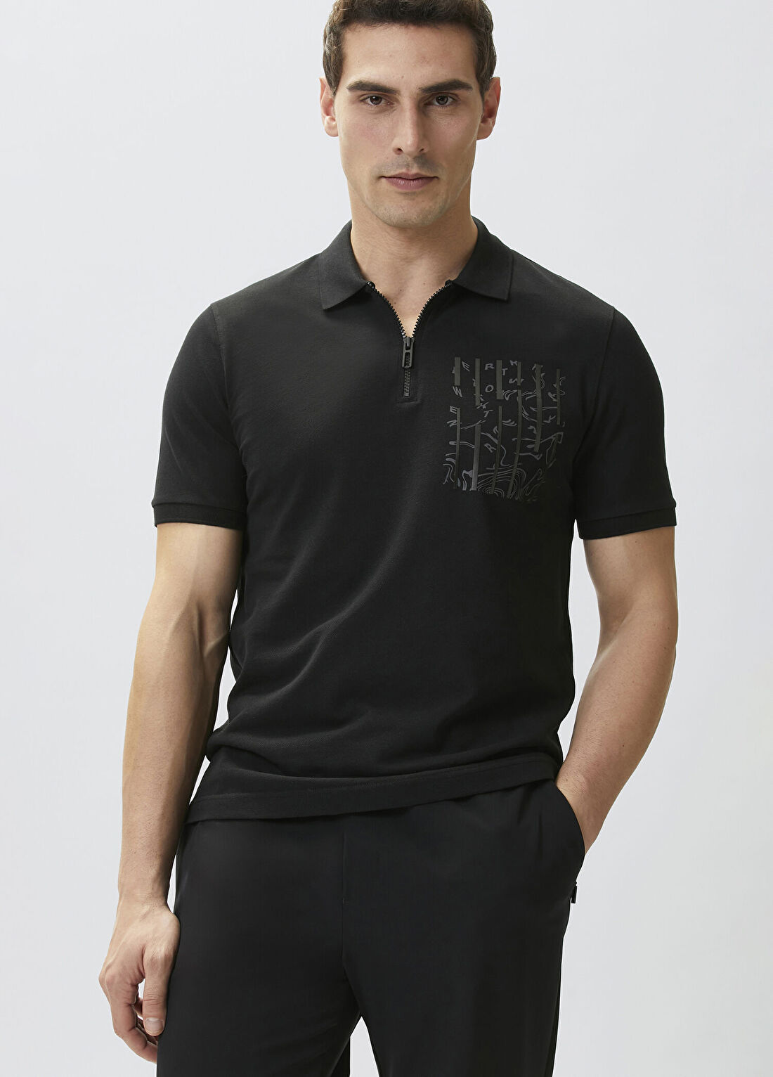 Network Siyah Süs Cep Baskı Detaylı Pike T-shirt