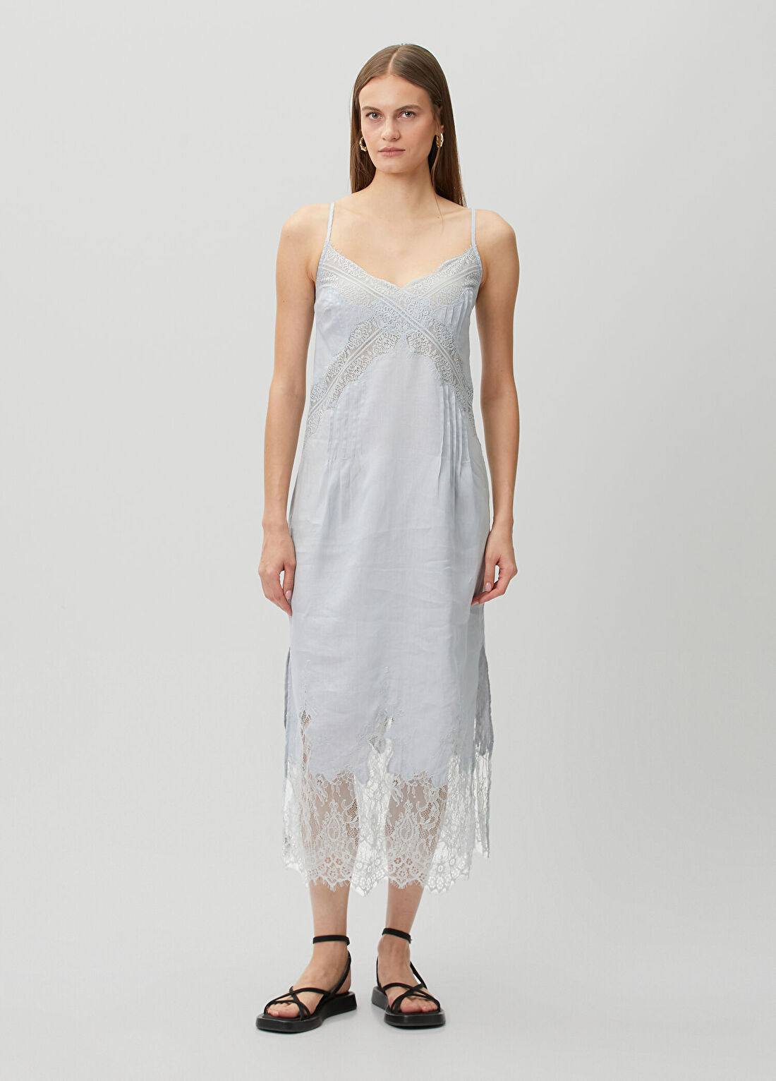 AllSaints Samia Açık Mavi Midi Keten Elbise görsel 2