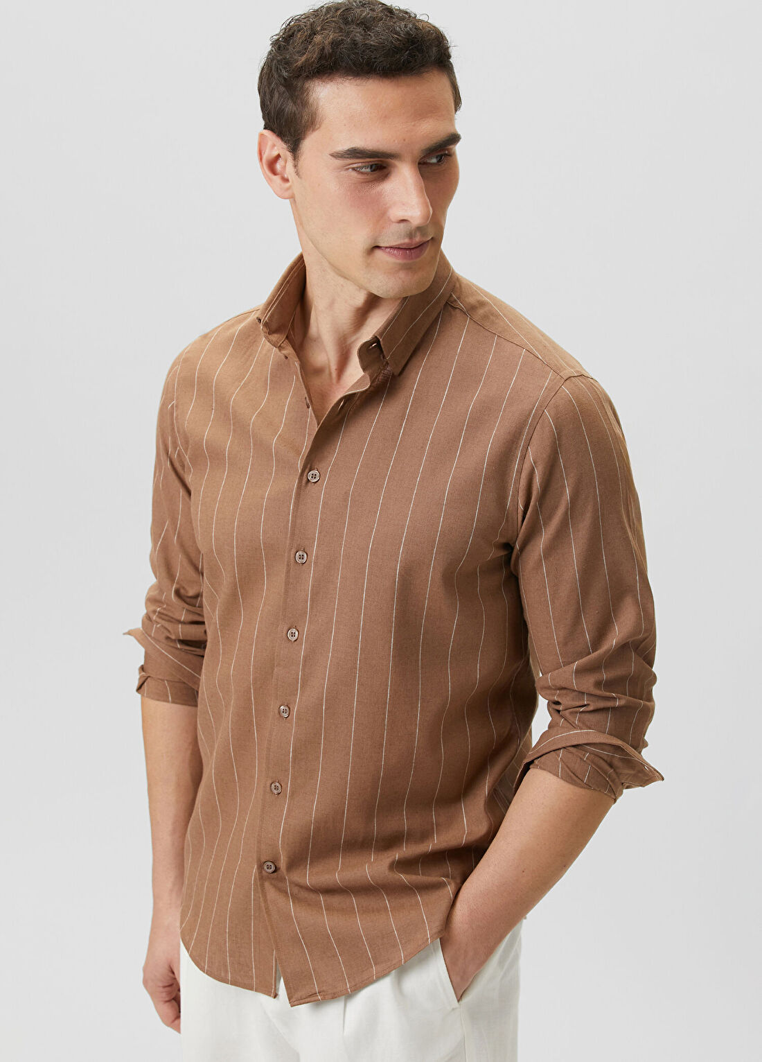 Network Slim Fit Kahverengi Çizgili Keten Gömlek görsel 4