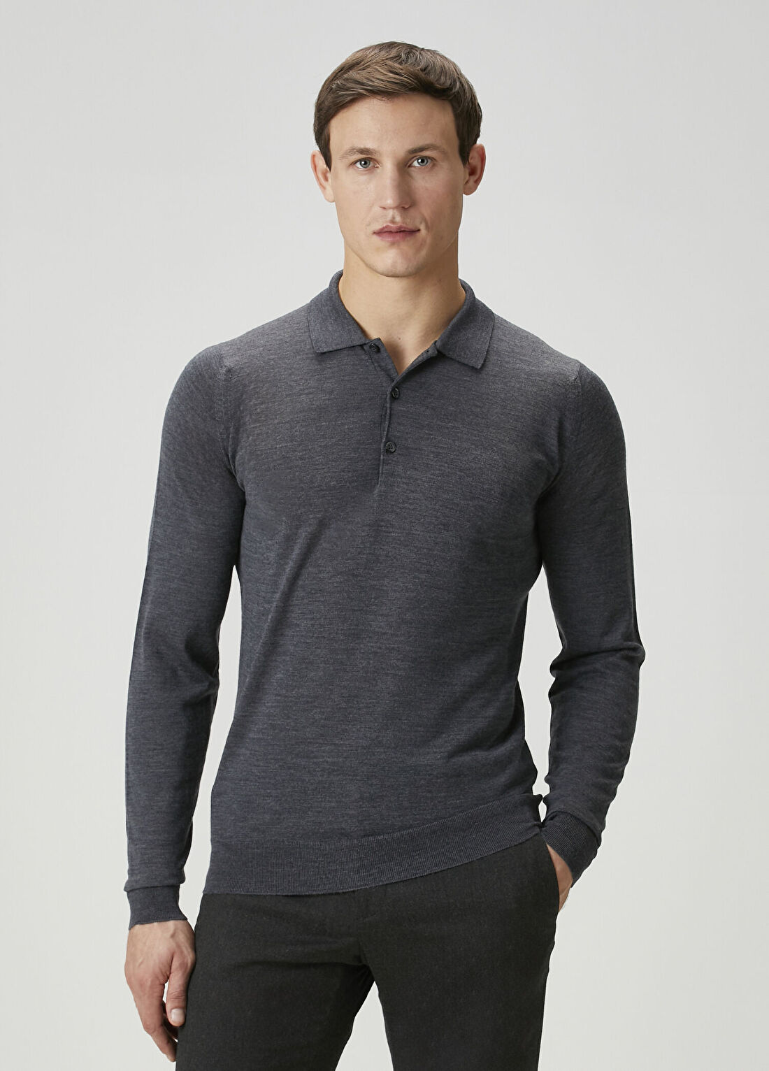 John Smedley Belpe Koyu Gri Polo Yaka Yün Triko