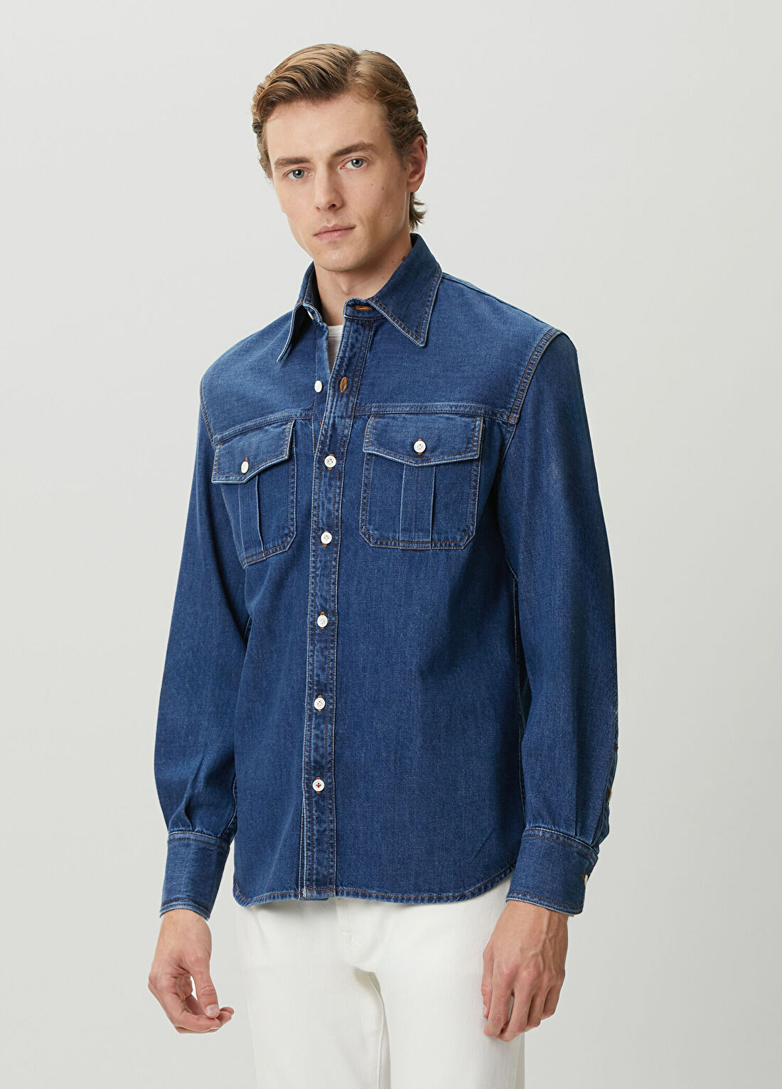 Isaia Lacivert Denim Gömlek görsel 3