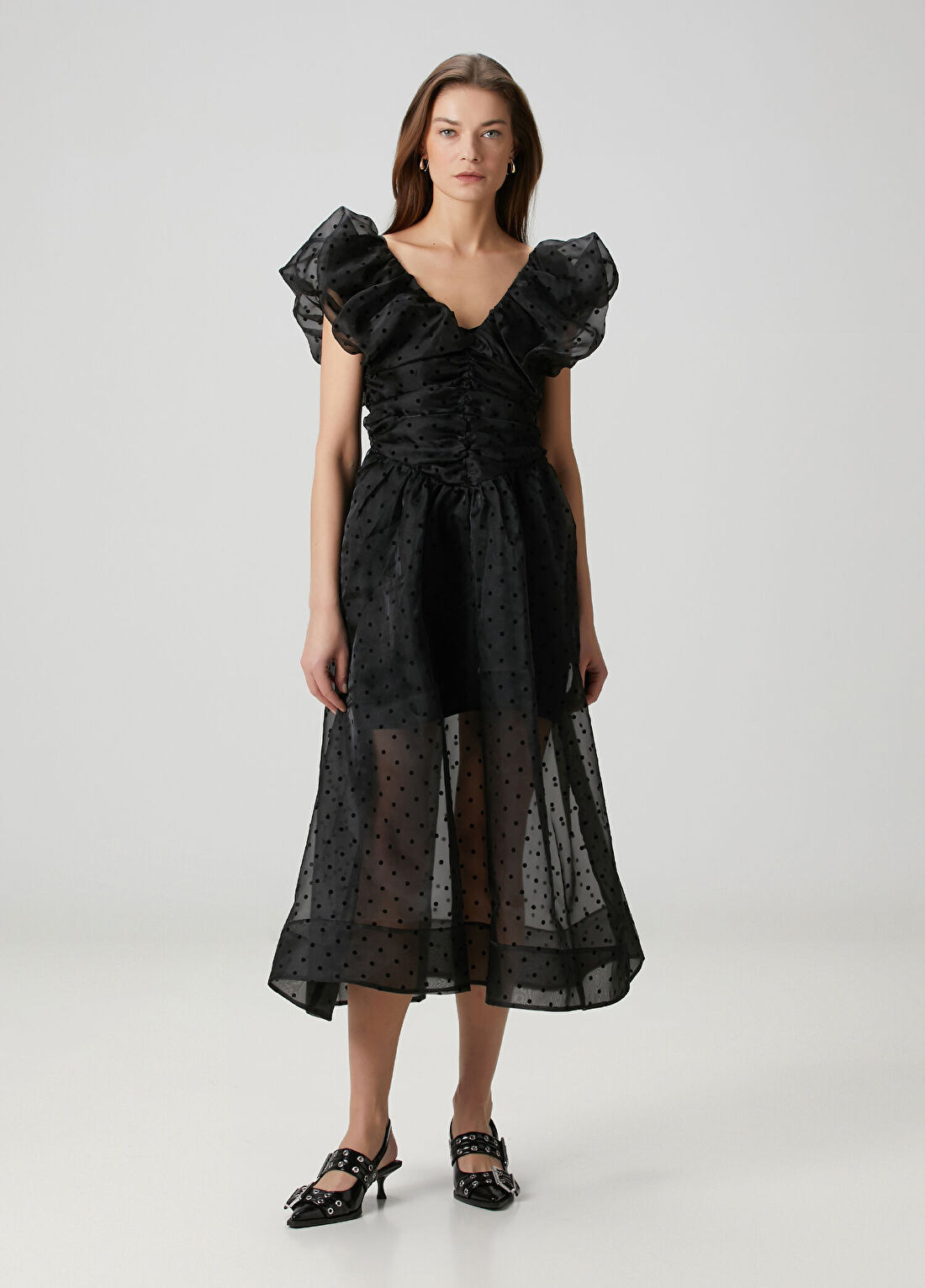 Ganni Siyah Midi Organza Elbise