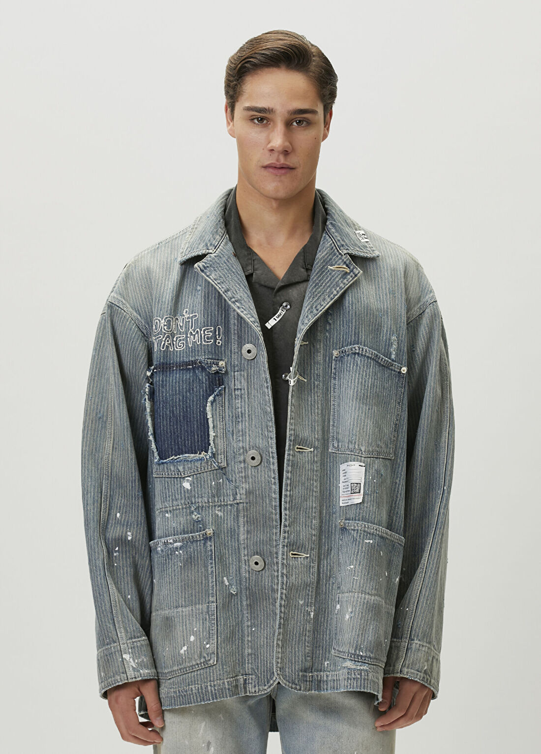Maison Mihara Yasuhiro Indigo Çizgi Desenli Yıpratma Detaylı Denim Ceket