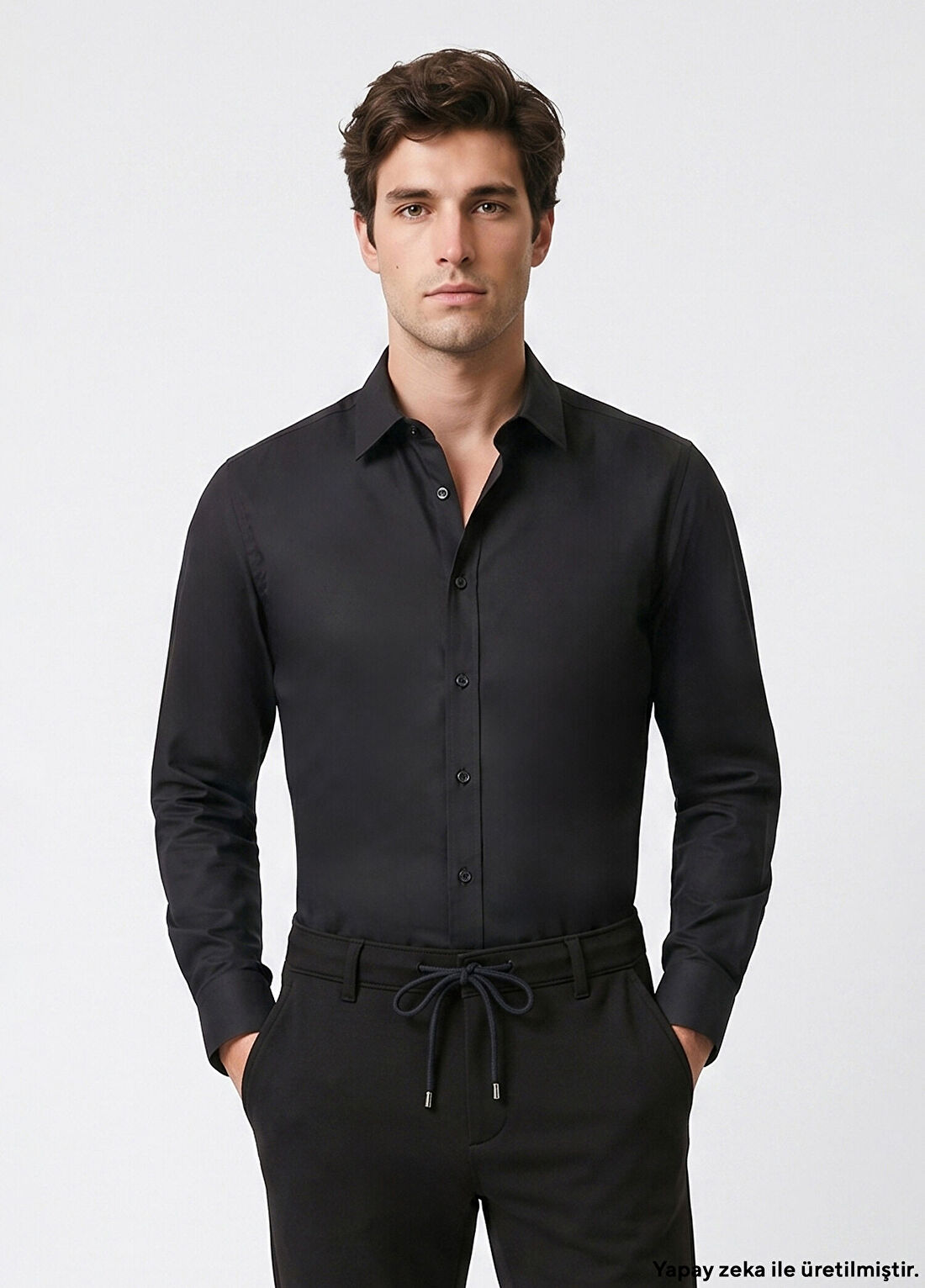 Network Siyah Slim Fit Pamuk Saten Gömlek