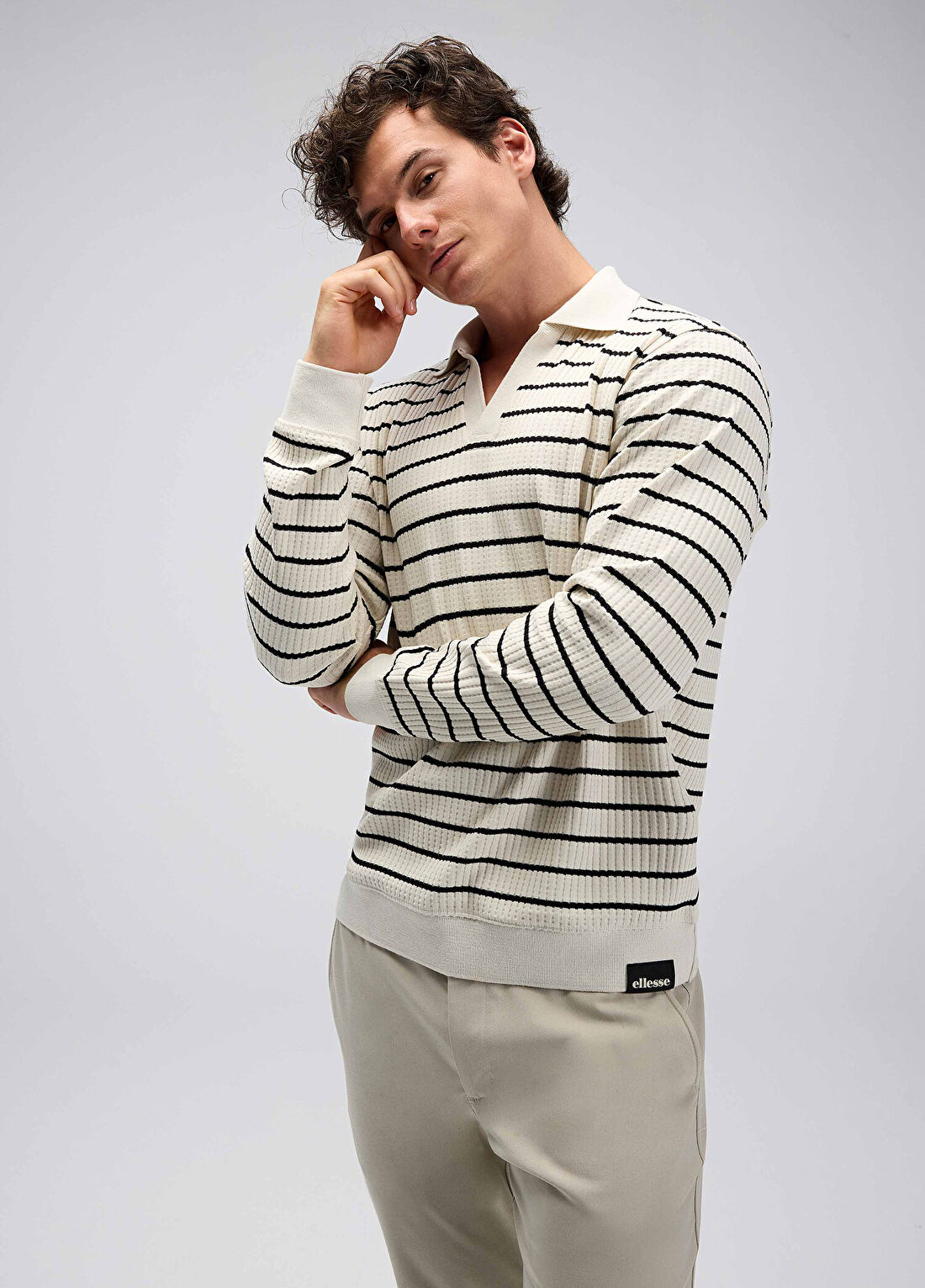 Ellesse Bej Çizgili Polo Yaka Uzun Kollu Erkek Sweatshirt EM594-BG