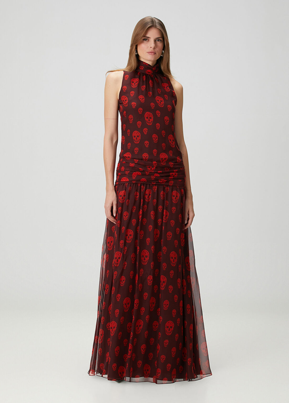 McQueen Bordo Kuru Kafa Desenli Maksi İpek Elbise