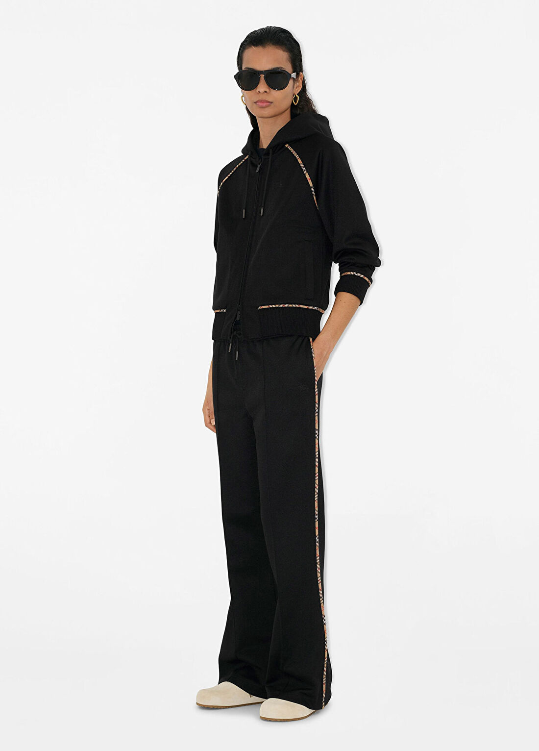 Burberry Hailey Check Trim Cotton Blend Siyah Kapüşonlu Kadın Sweatshirt görsel 2