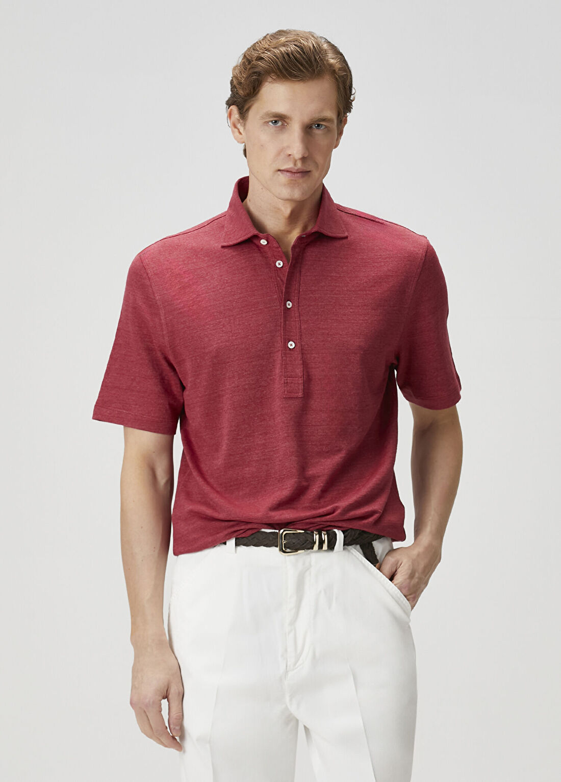 Brunello Cucinelli Bordo Polo Yaka Keten T-shirt