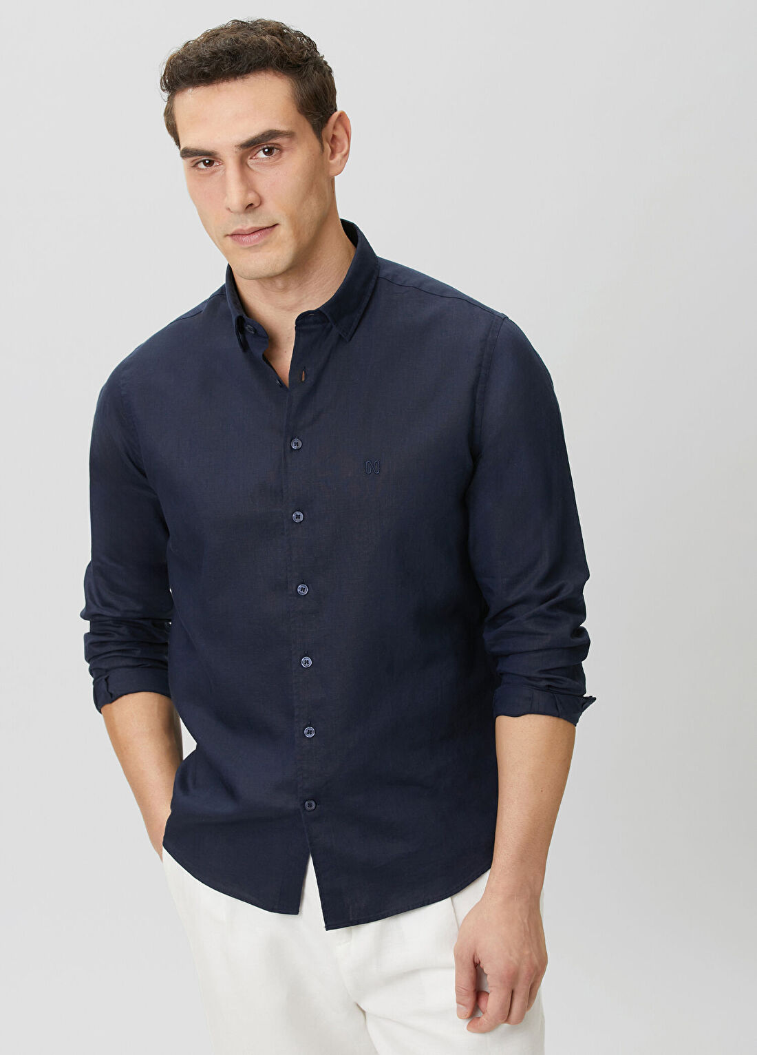 Network Slim Fit Lacivert Keten Gömlek