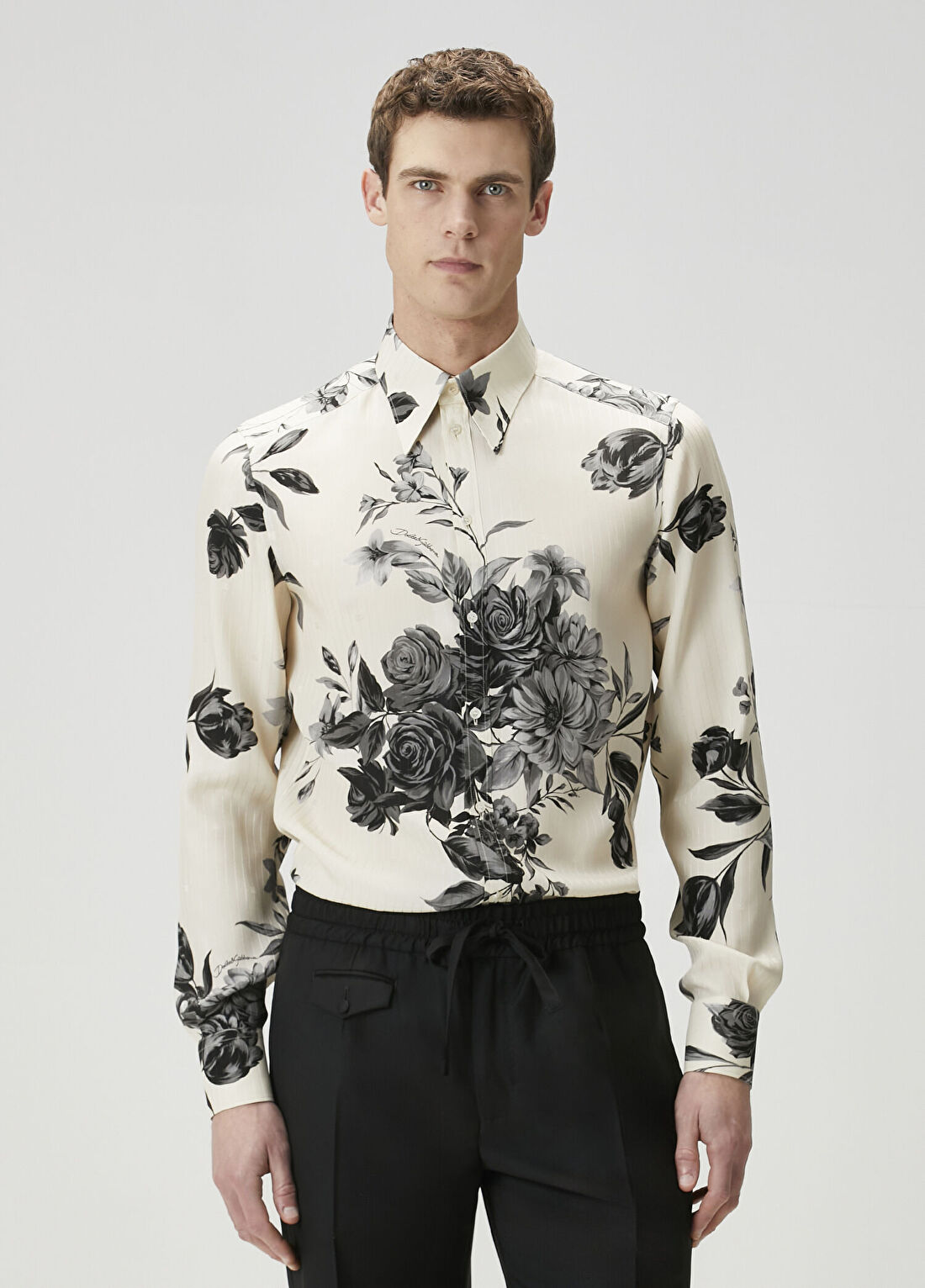 Dolce&Gabbana Bej Siyah Çiçek Desenli İpek Gömlek