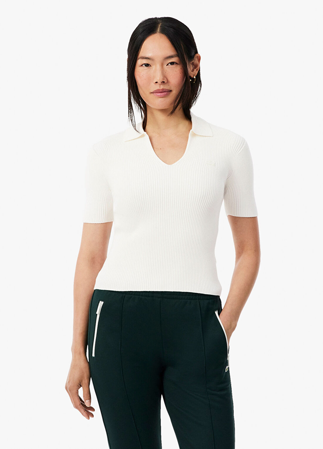 Lacoste Beyaz Slim Fit Polo Yaka Kısa Kollu Kadın Triko Kazak
