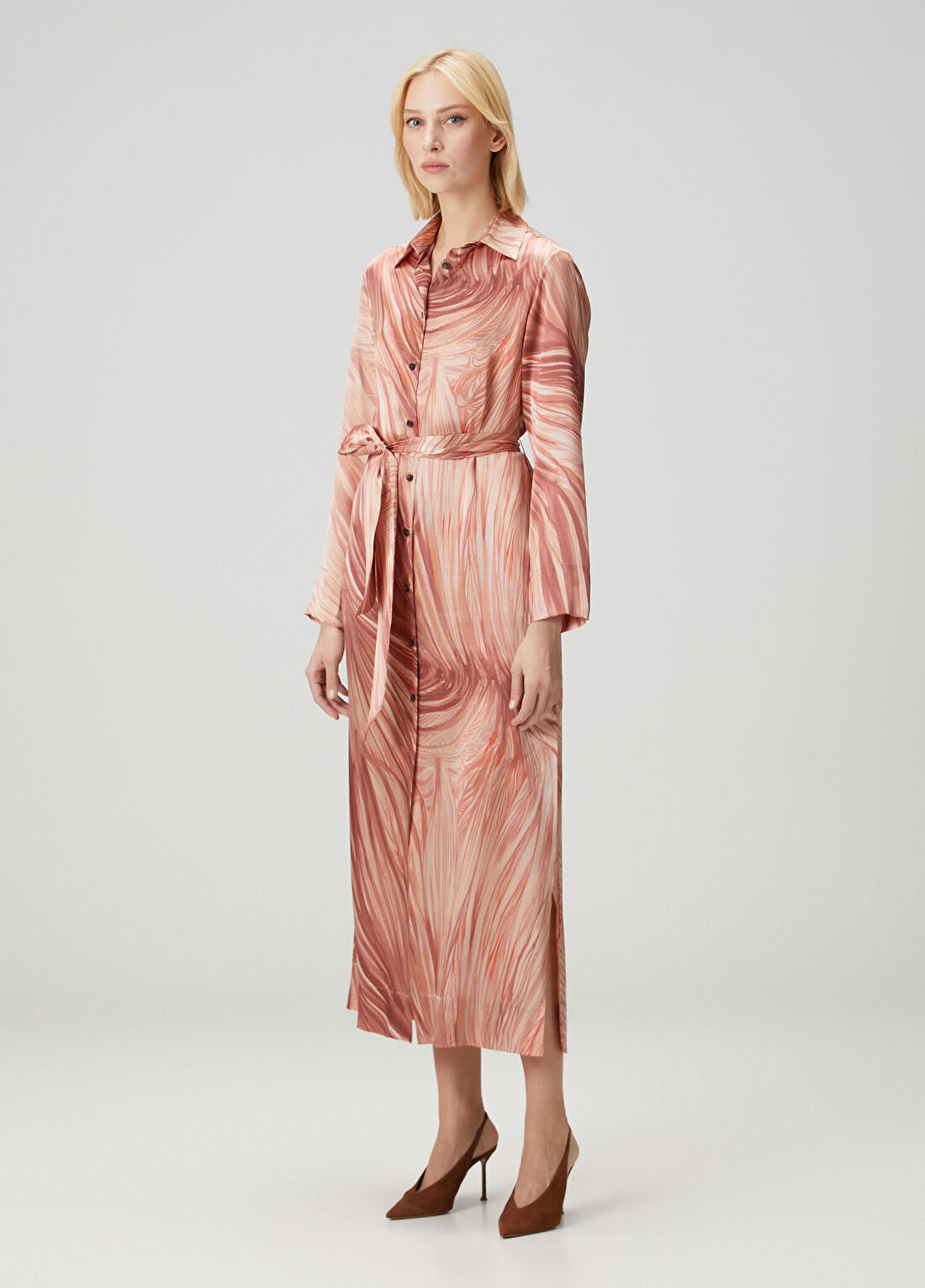 Kiton Pembe Desenli Midi İpek Gömlek Elbise