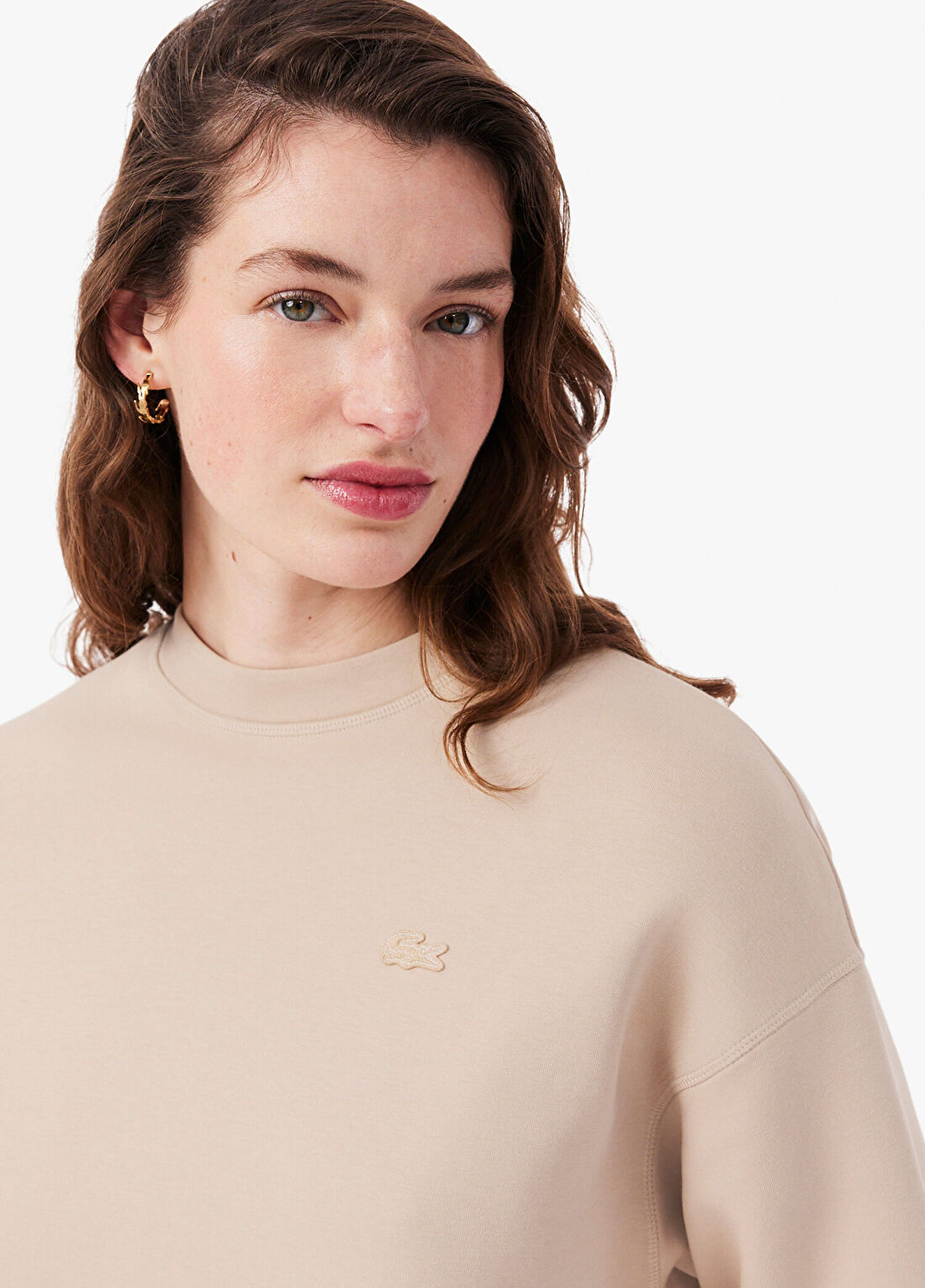 Lacoste Bej Oversize Fit Bisiklet Yaka Uzun Kollu Kadın Sweatshirt görsel 2