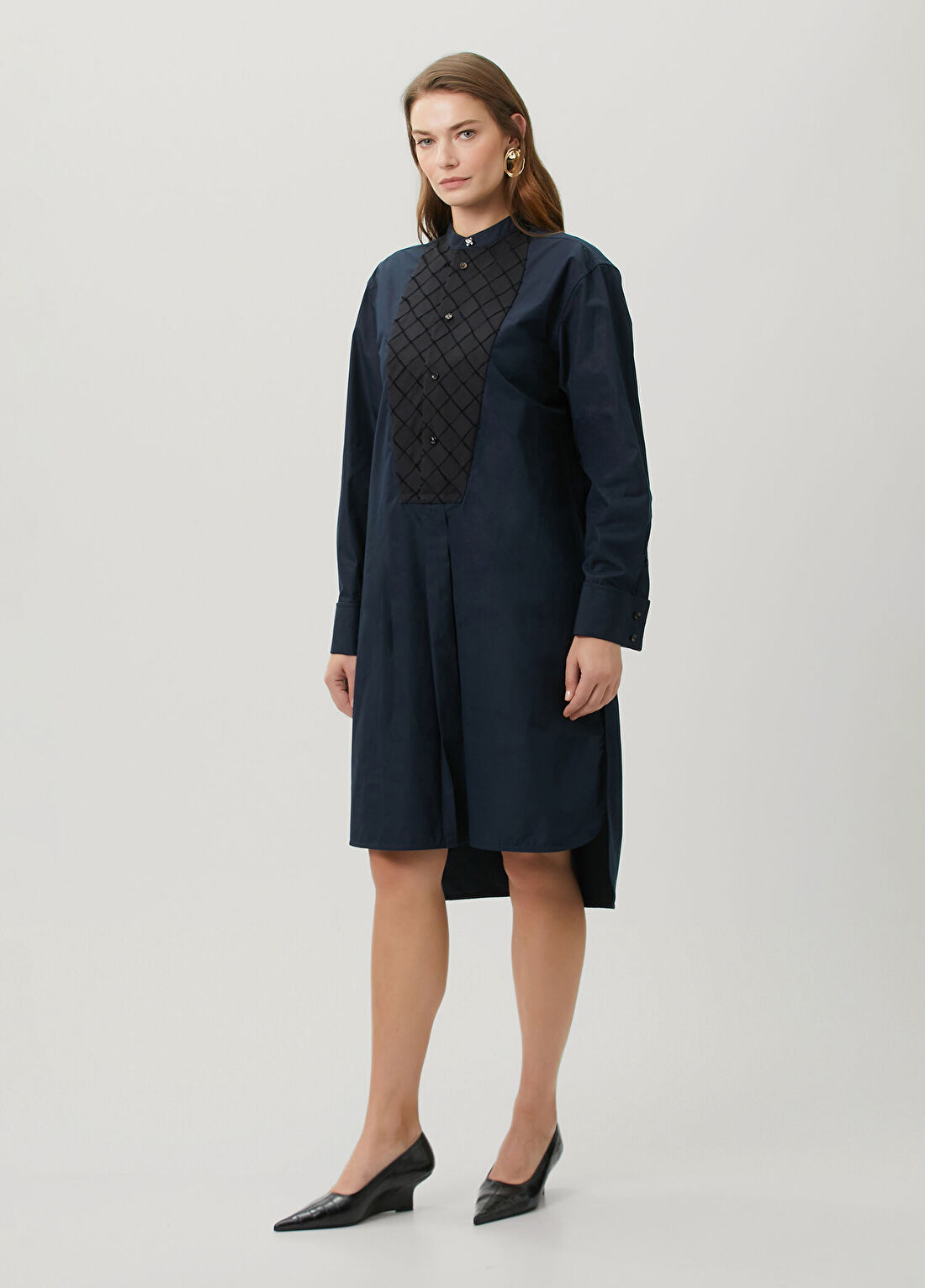 Bottega Veneta Lacivert Siyah Midi Gömlek Elbise