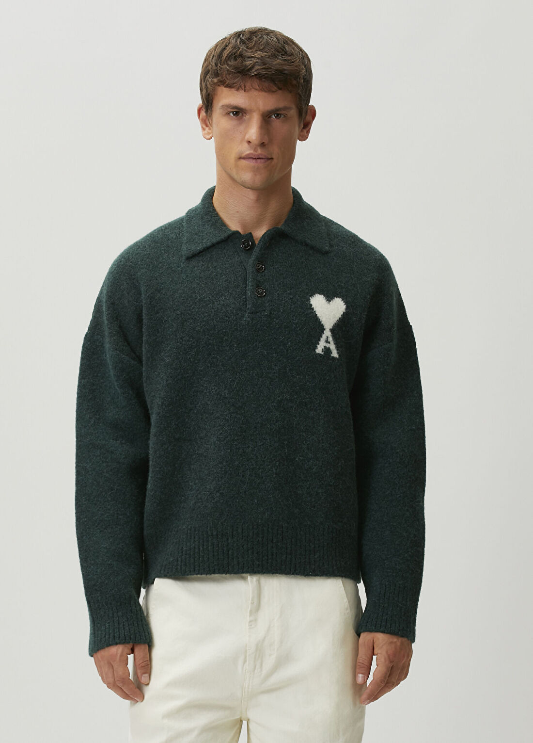 Ami Paris Boxy Fit Koyu Yeşil Yün Polo Kazak