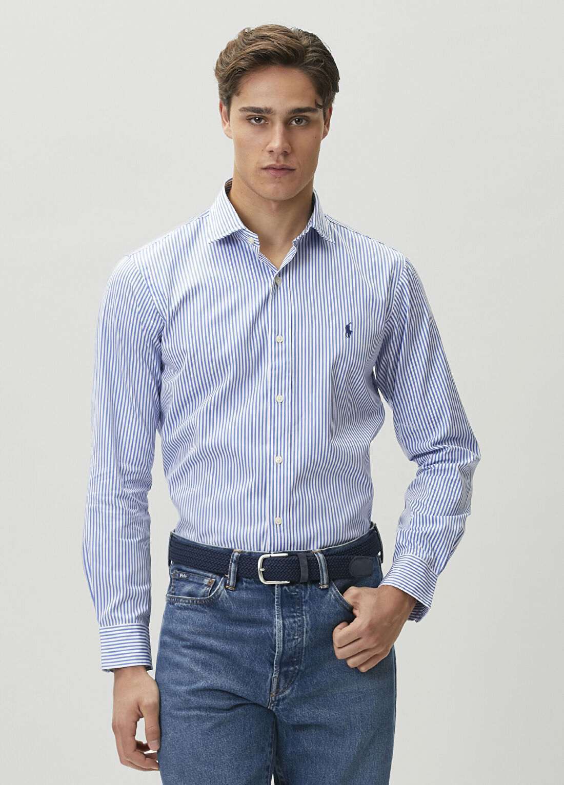 Polo Ralph Lauren Custom Fit Mavi Çizgi Desenli Poplin Gömlek