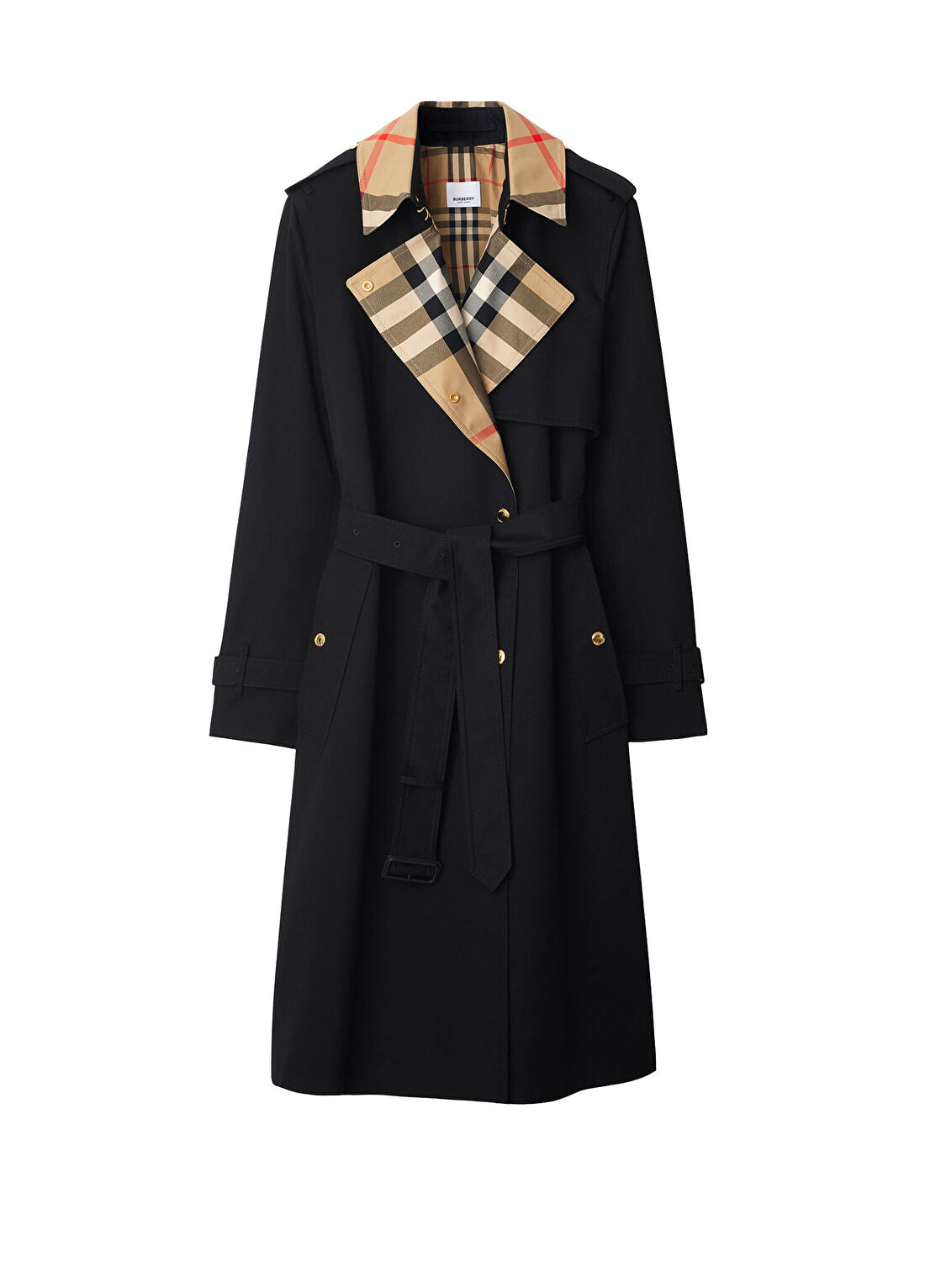 Burberry Sandridge Long Check Collar Gabardine Siyah Kadın Trençkot