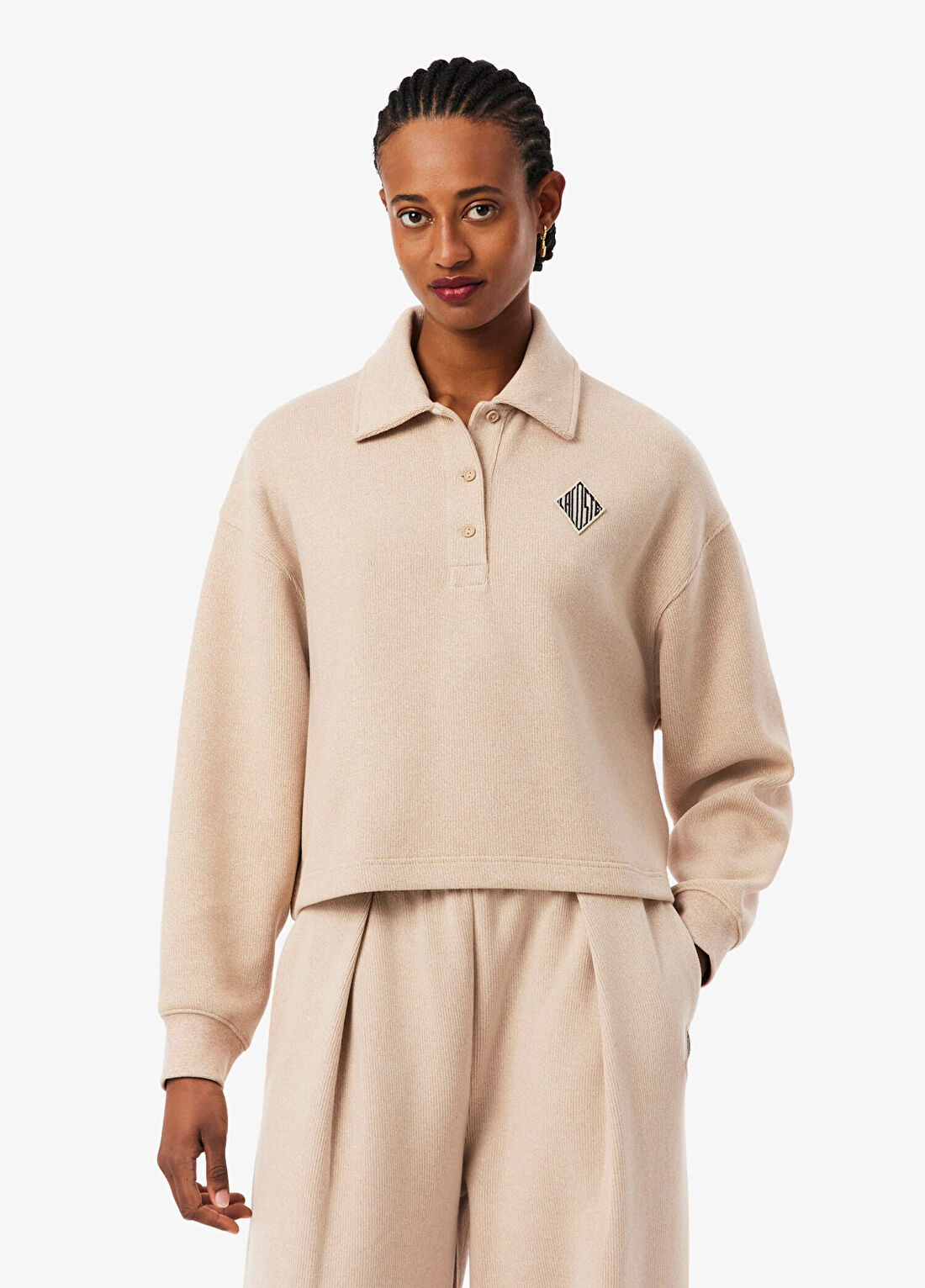 Lacoste Bej Oversize Fit Polo Yaka Uzun Kollu Kadın Sweatshirt