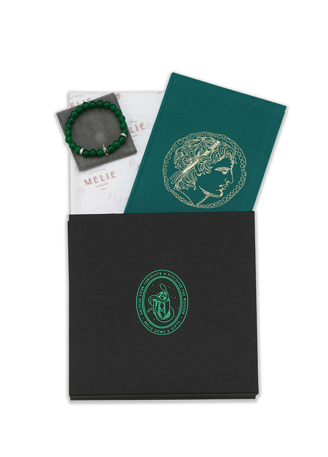 Melie Jewelry Marcus & Helmet Yeşil Akik Bileklik Mini Erkek Hediye Seti görsel 2