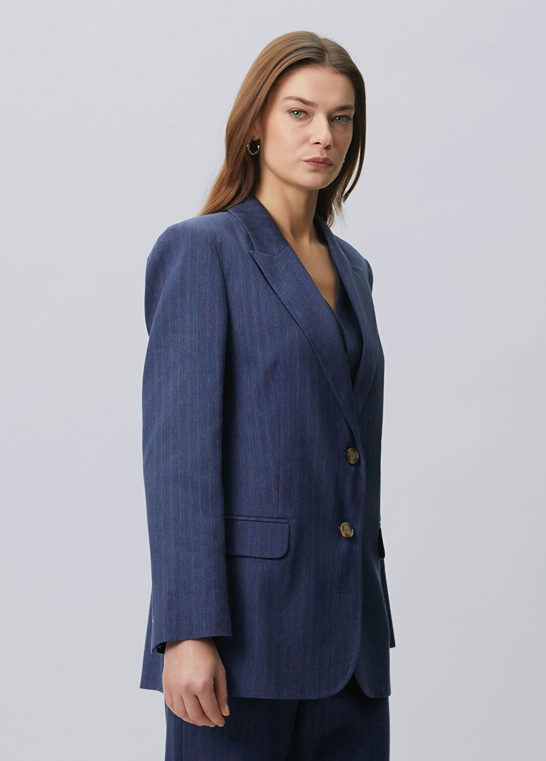 Beymen Collection Indigo Çizgili Keten Ceket görsel 4