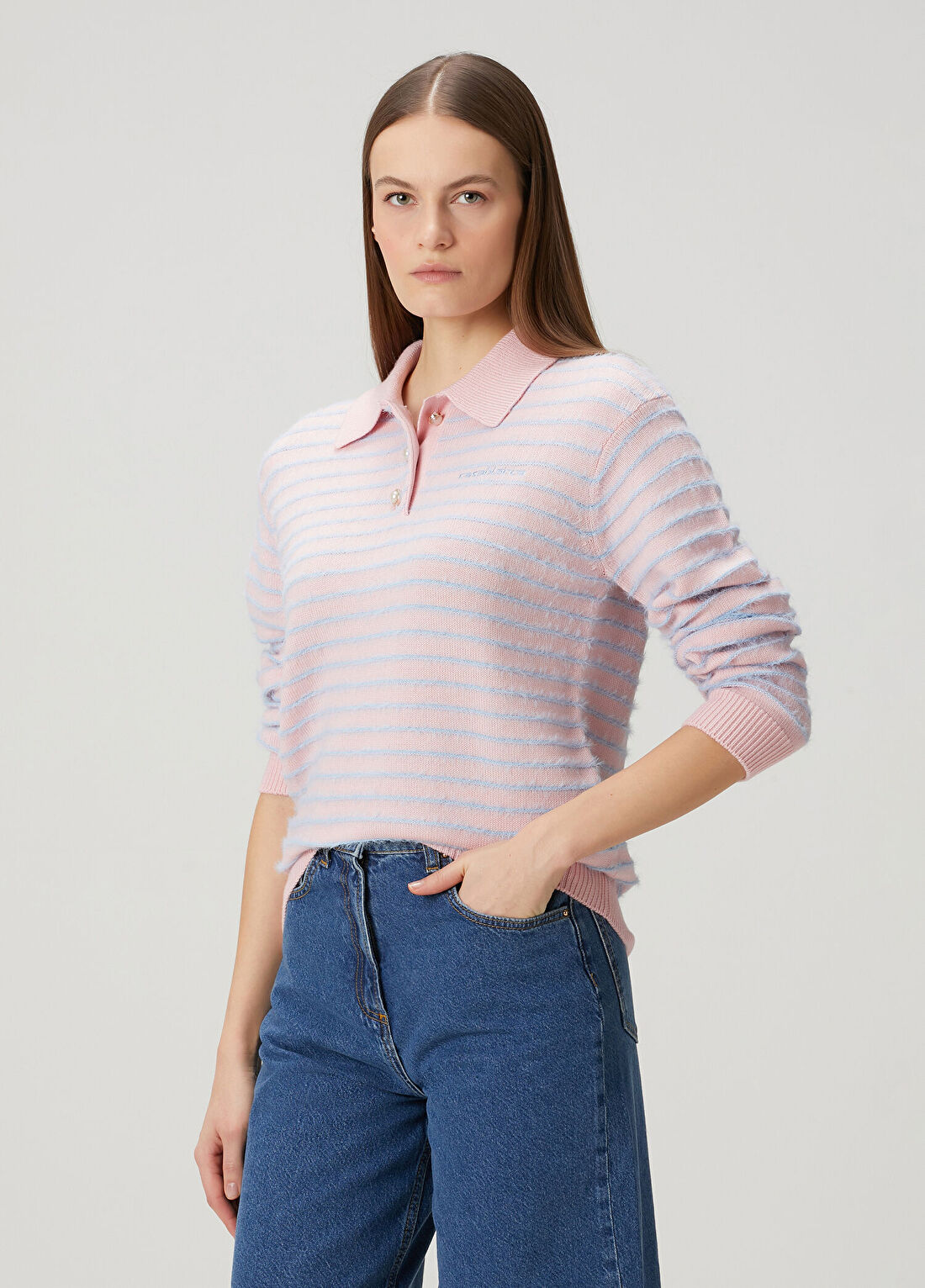 Casablanca Mavi Pembe Polo Yaka Yün Oversized Triko görsel 3