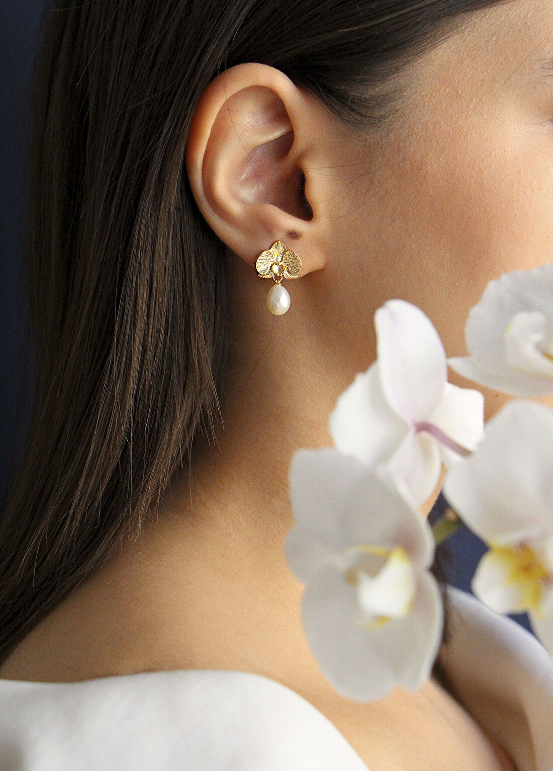 Alegoria Jewellery Orkide İnci 925 Ayar Gümüş Üzeri 24 Ayar Altın Kaplama Kadın Küpe görsel 2