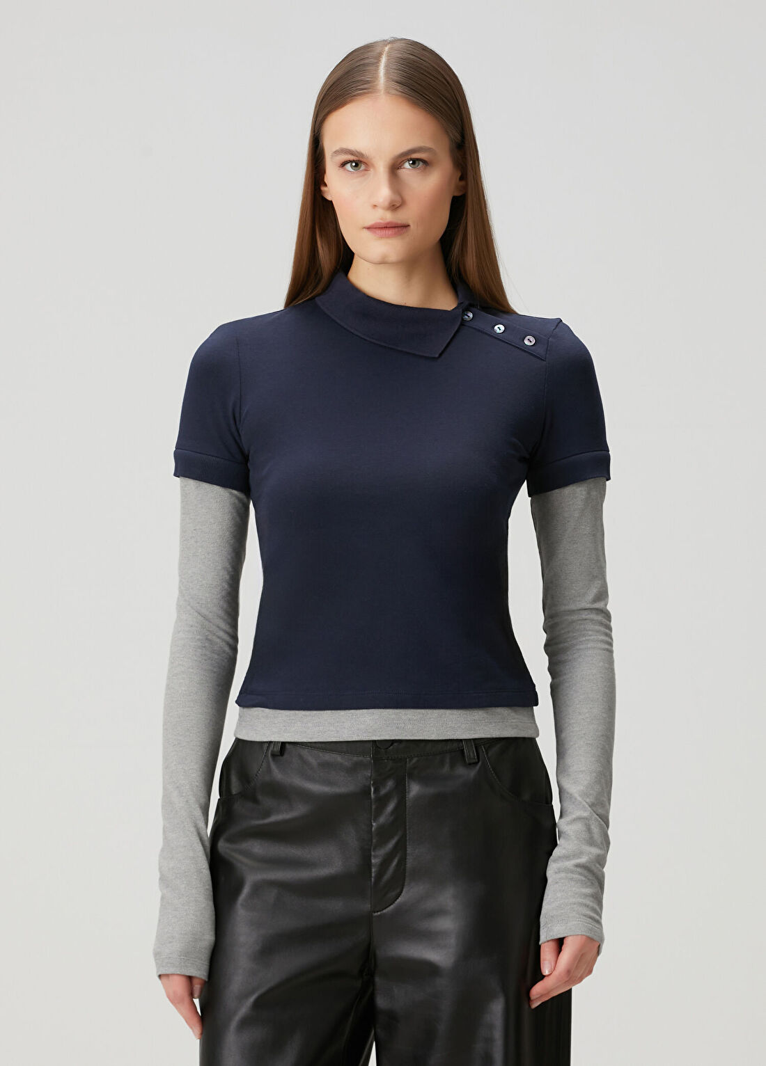 A.w.a.k.e. Mode Lacivert Gri Uzun Kol Polo T-shirt