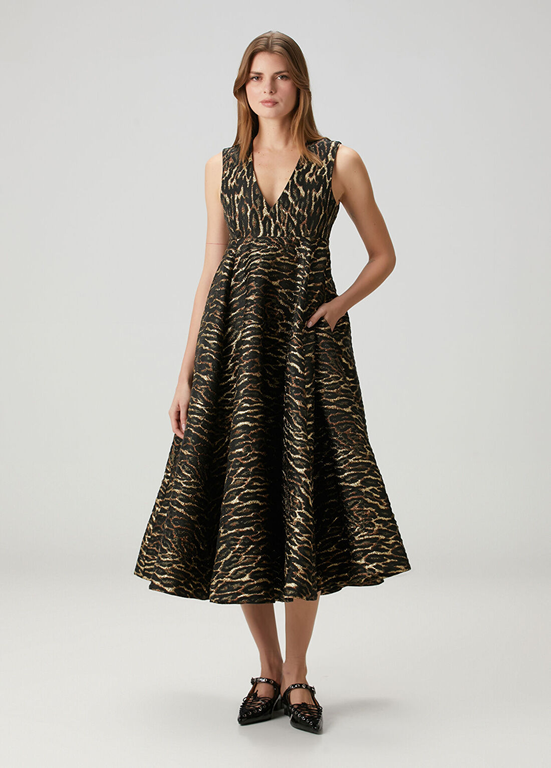 Ganni Bronz Leopar Desenli Midi Elbise