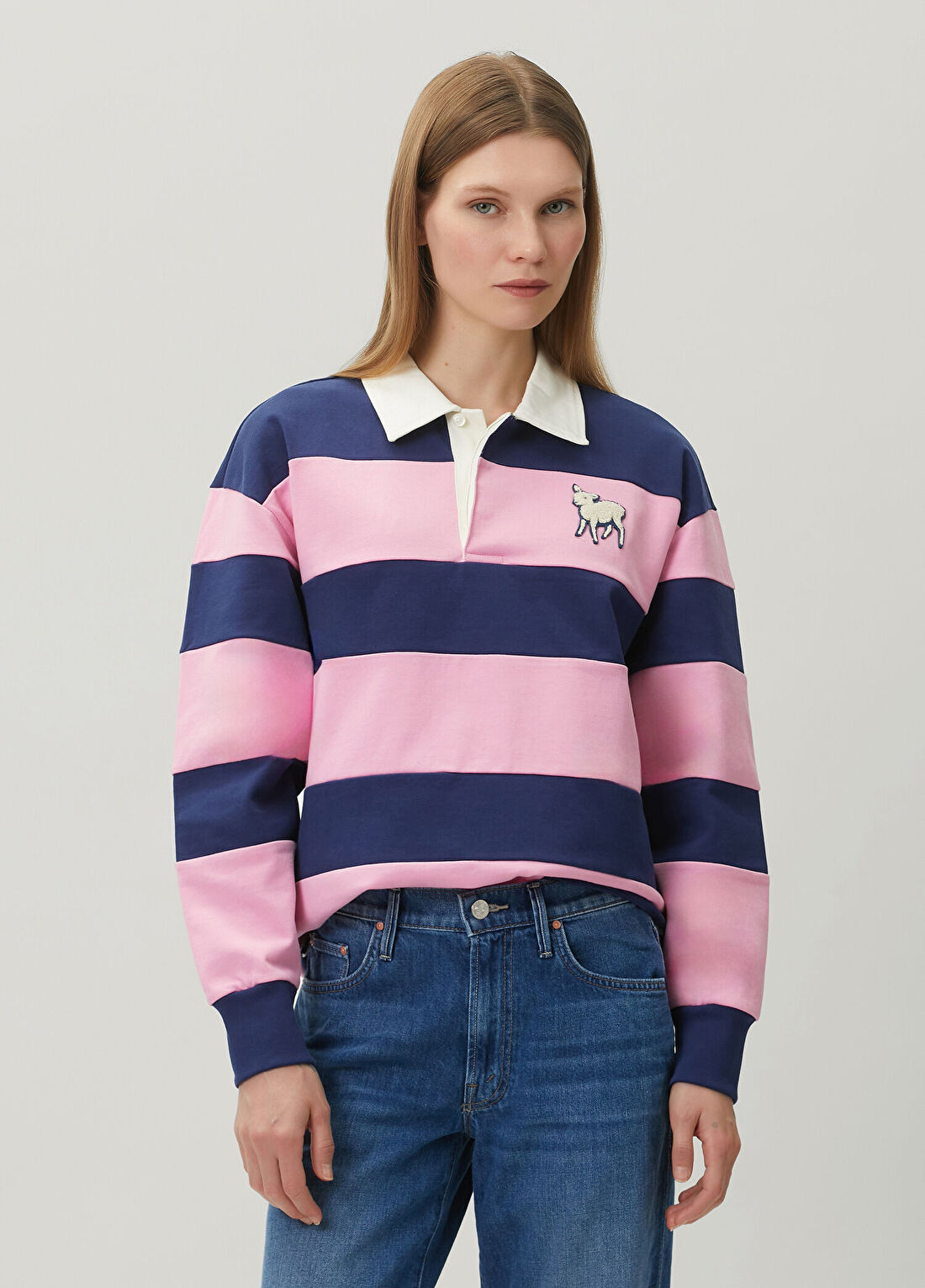 Mother Lacivert Pembe Çizgili Polo Sweatshirt