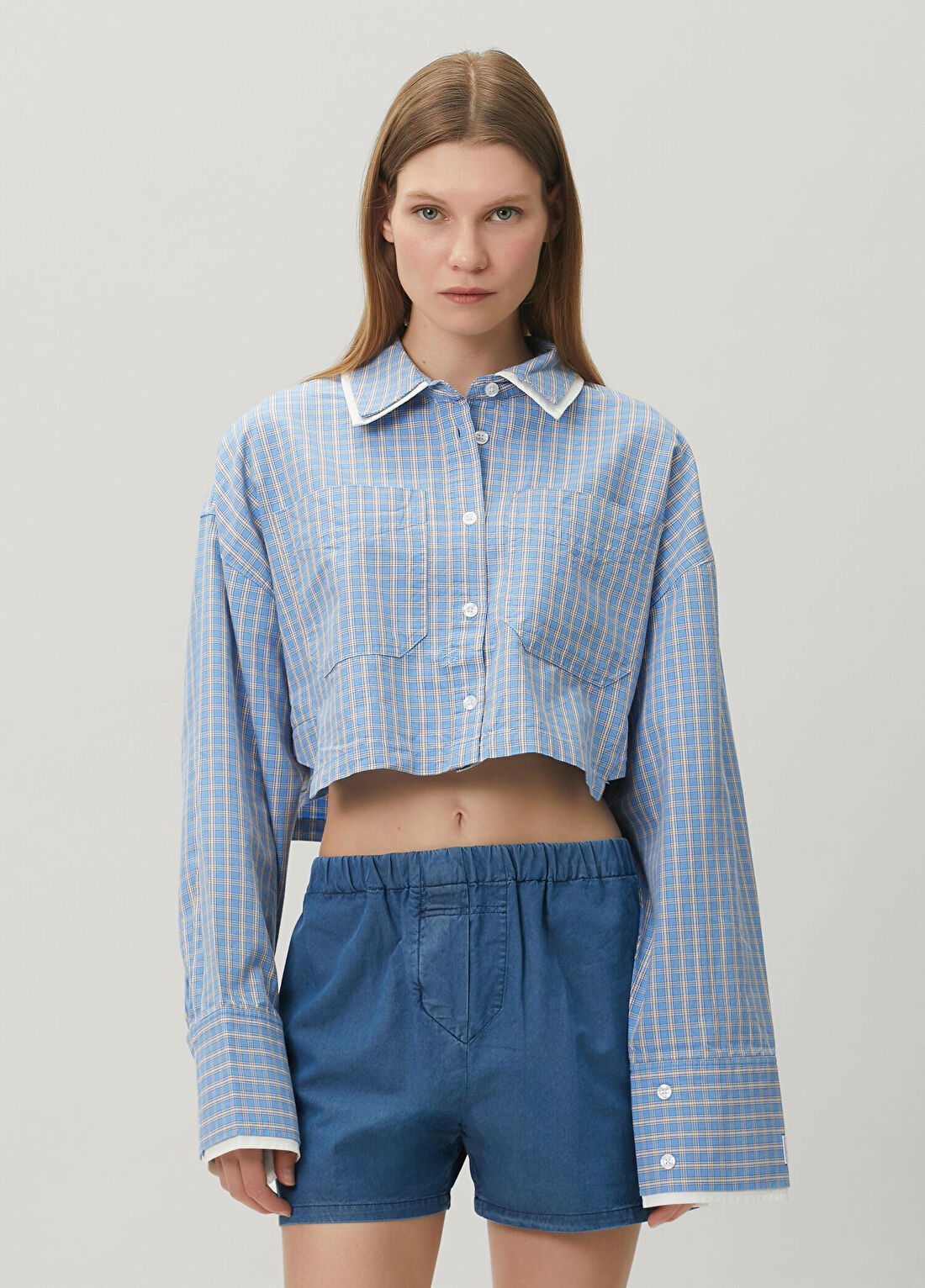 KSUBI Balter Mavi Ekoseli Crop Gömlek
