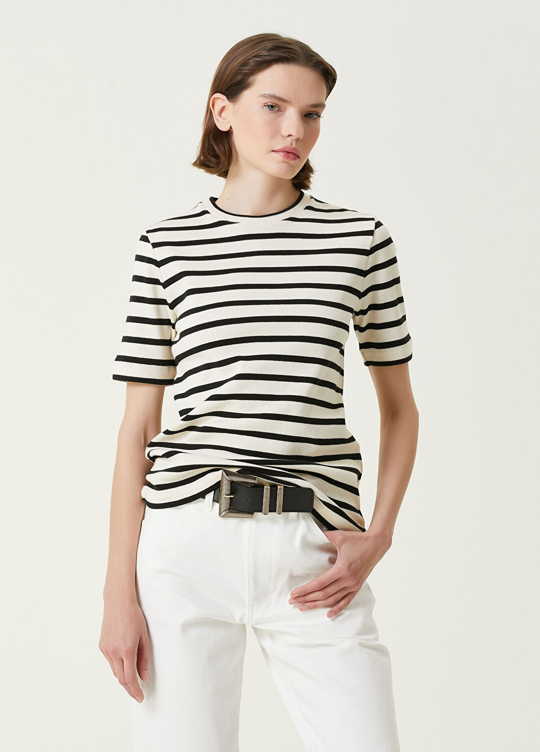 Jil Sander Ekru Siyah Çizgili T-shirt