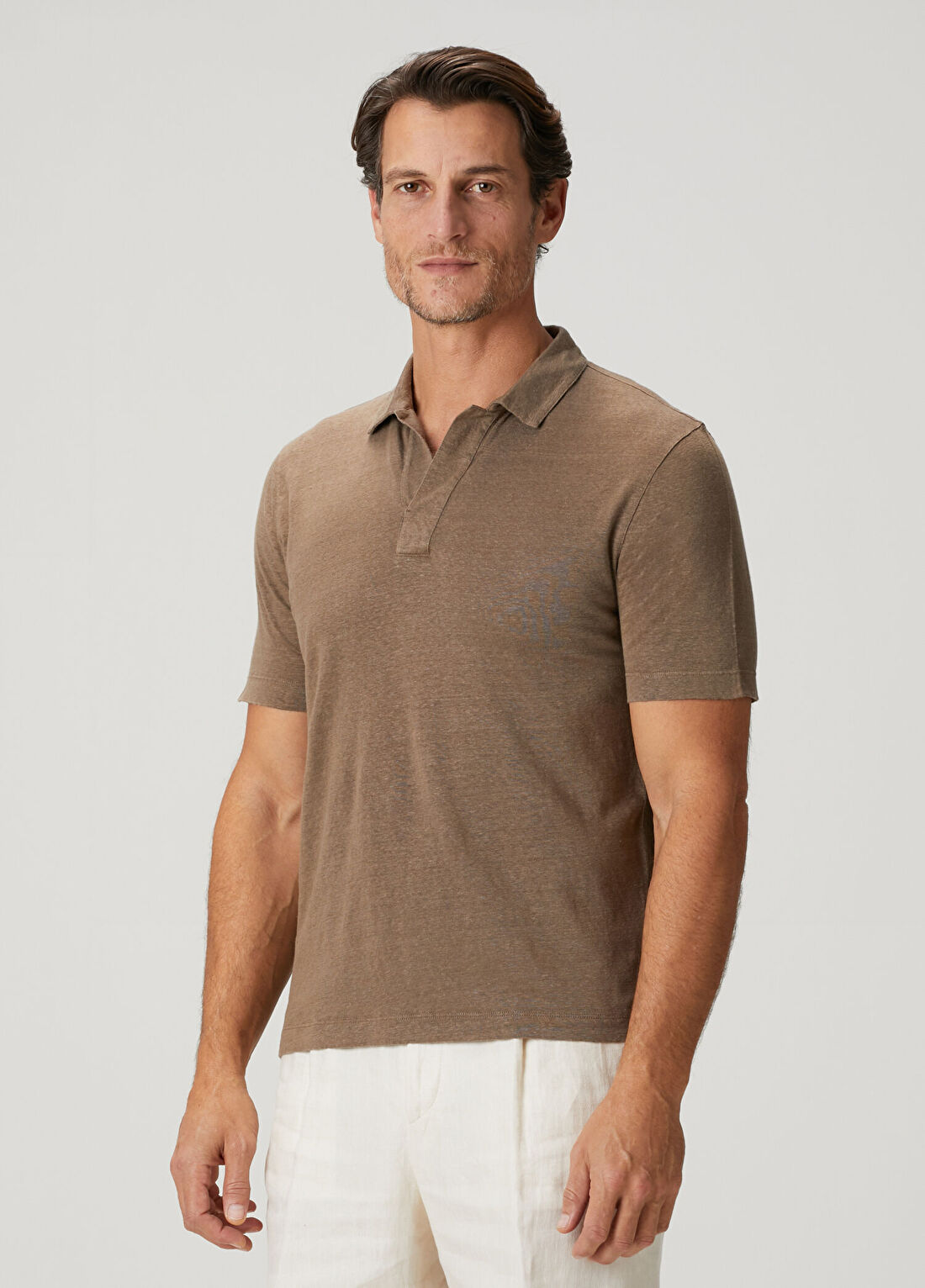 Canali Kahverengi Polo Yaka Keten T-shirt