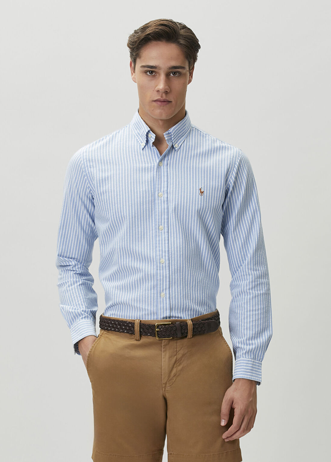 Polo Ralph Lauren Custom Fit Mavi Çizgili Gofreli Oxford Gömlek