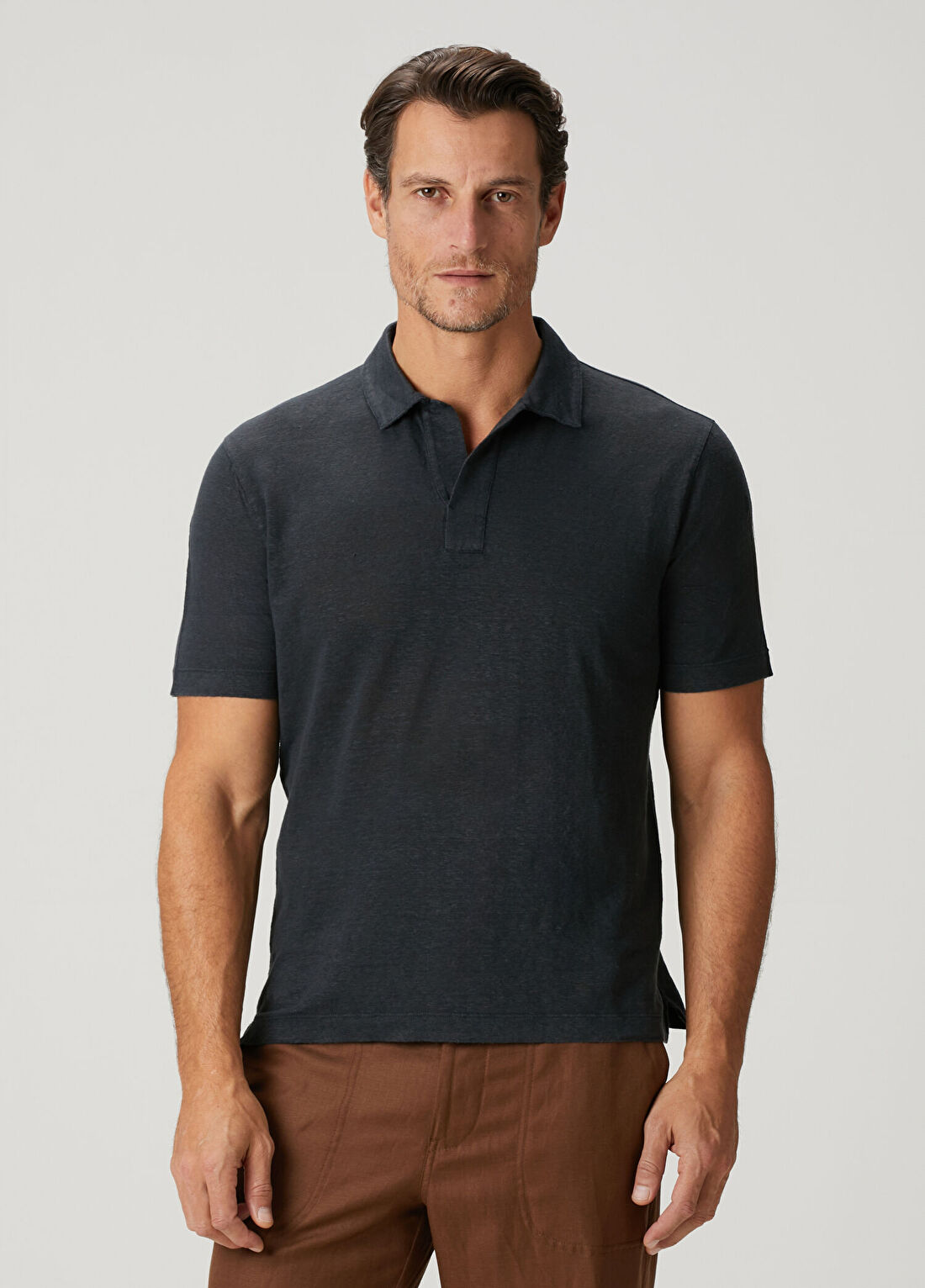 Canali Lacivert Polo Yaka Keten T-shirt