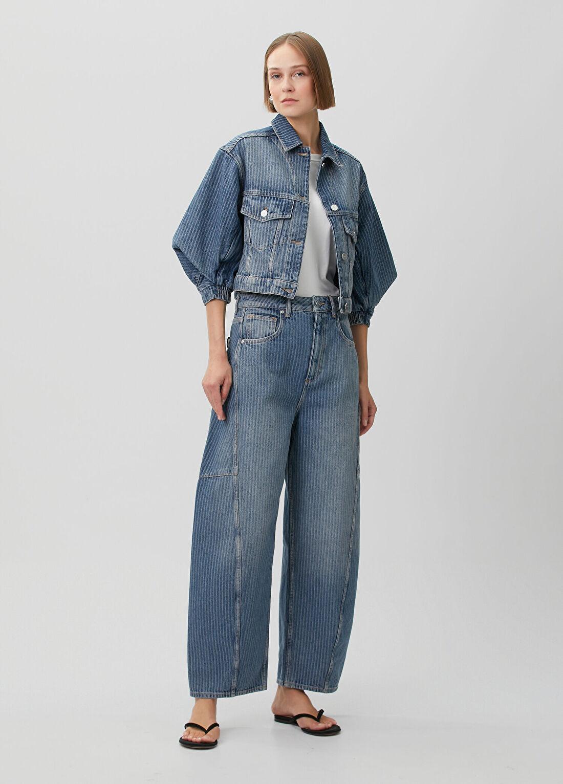 AllSaints Luca Mavi Çizgili Crop Denim Ceket görsel 2