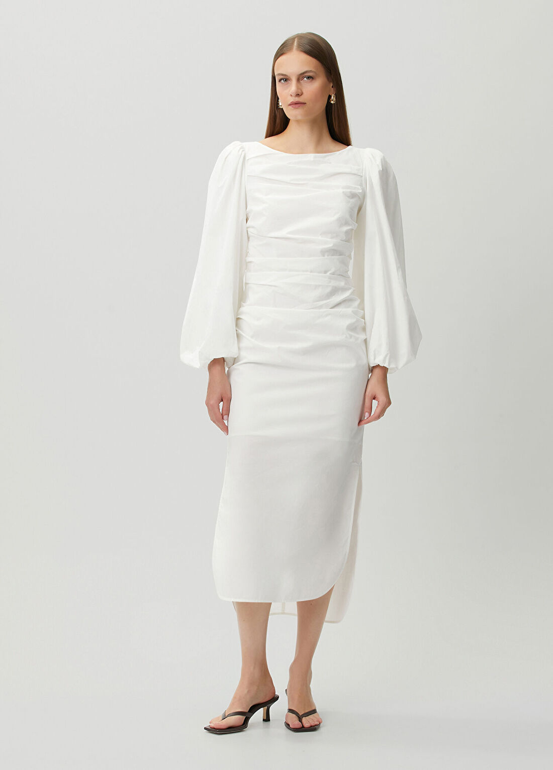 The Garment Beyaz Drapeli Midi Elbise