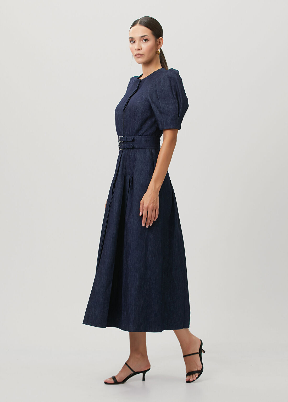 Gabriela Hearst Koyu Mavi Midi Denim Elbise