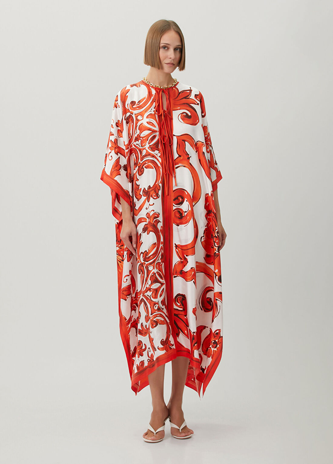 Dolce&Gabbana Majolica Turuncu Beyaz İpek Kaftan Elbise