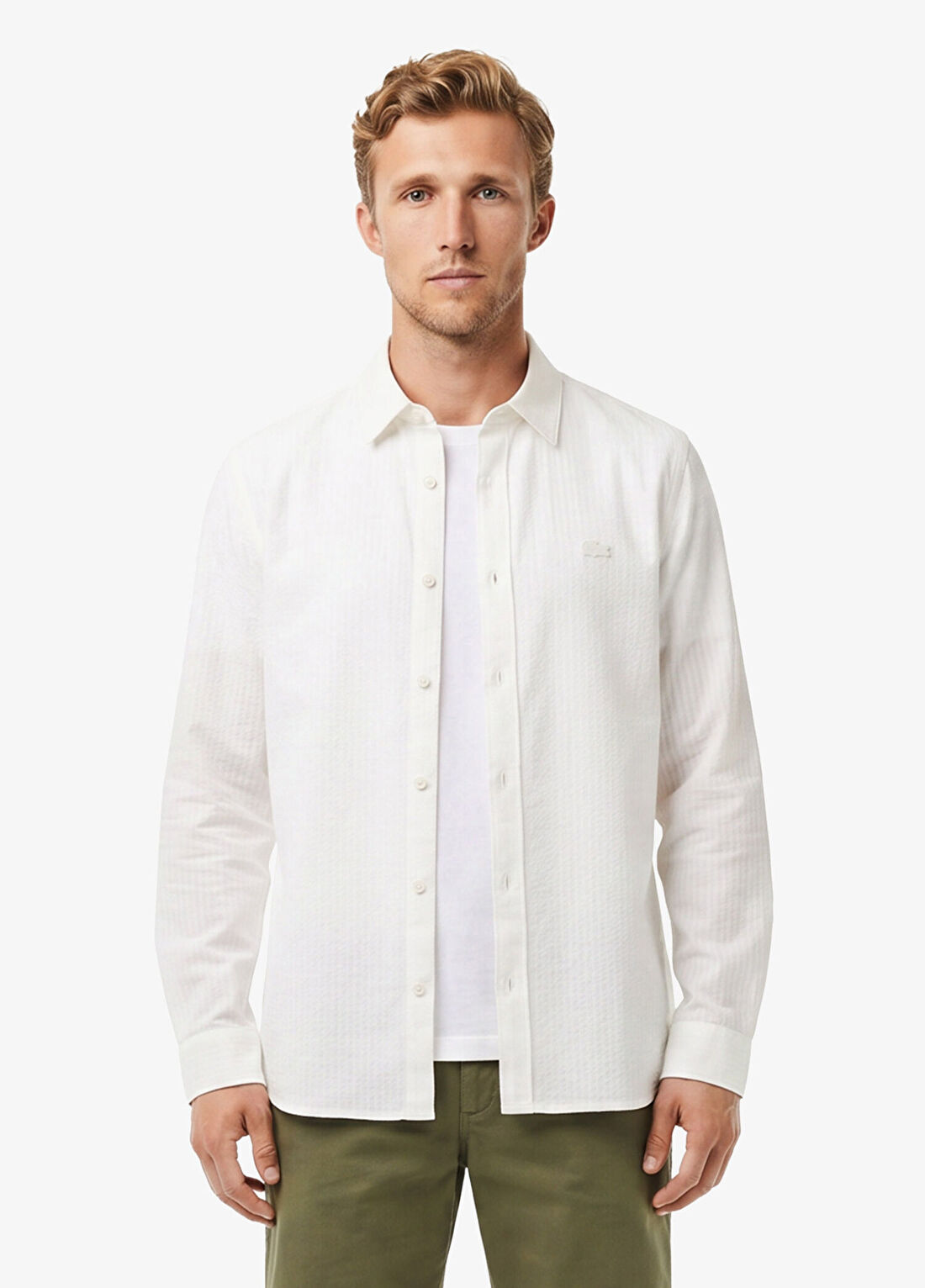 Lacoste Beyaz Çizgili Pamuklu Düğmeli Yaka Regular Fit Uzun Kollu Erkek Gömlek
