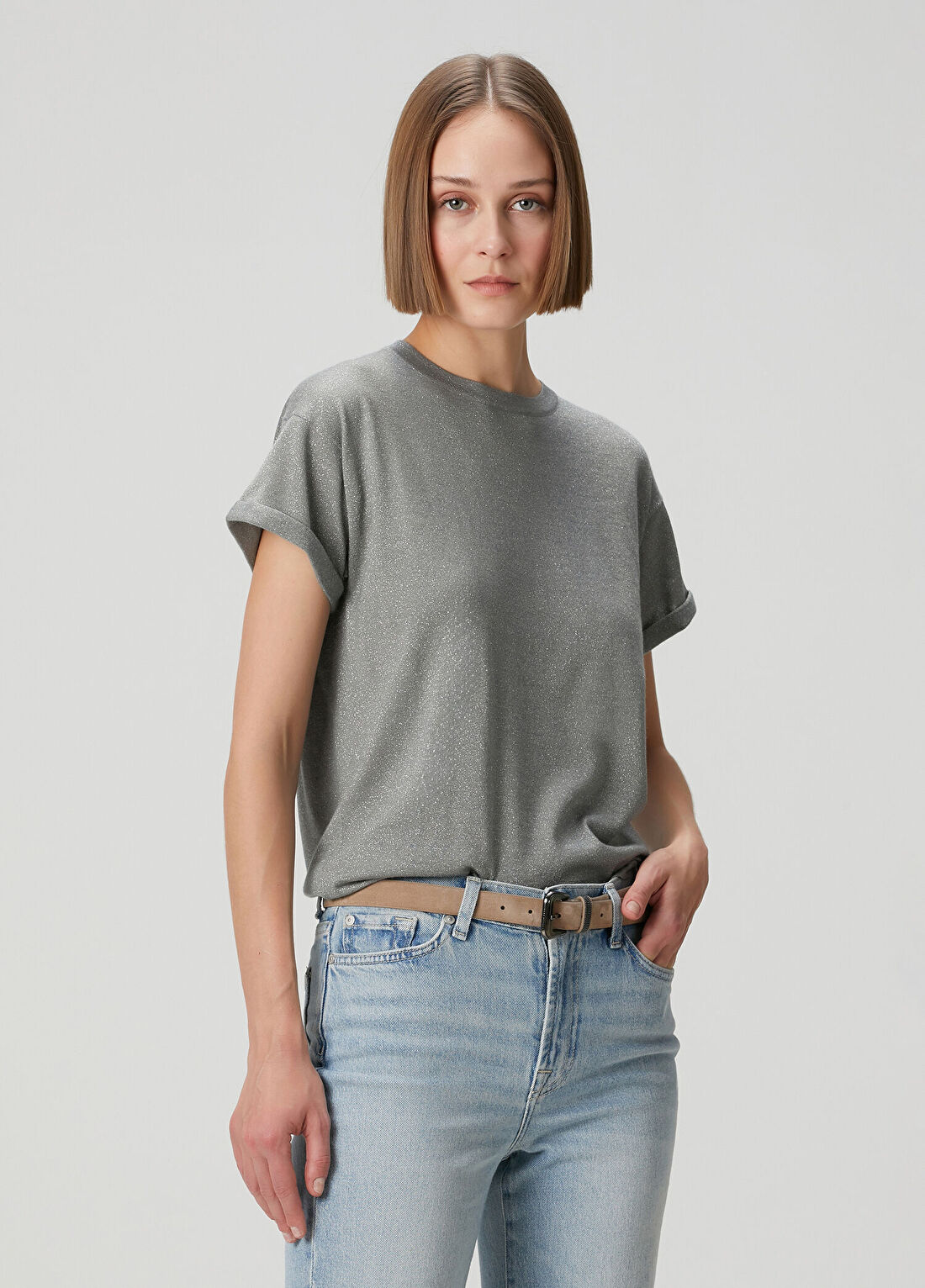 Brunello Cucinelli Gri Simli Kaşmir T-shirt görsel 3