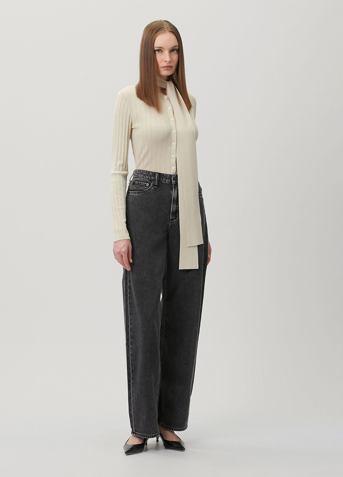 Rag&Bone Logan Koyu Gri Wide Leg Jean Pantolon