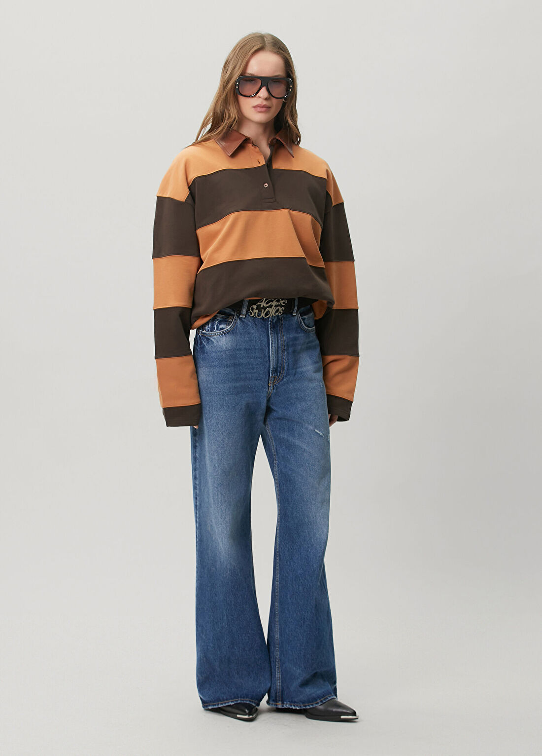 Acne Studios Kahverengi Çizgili Polo Sweatshirt görsel 2