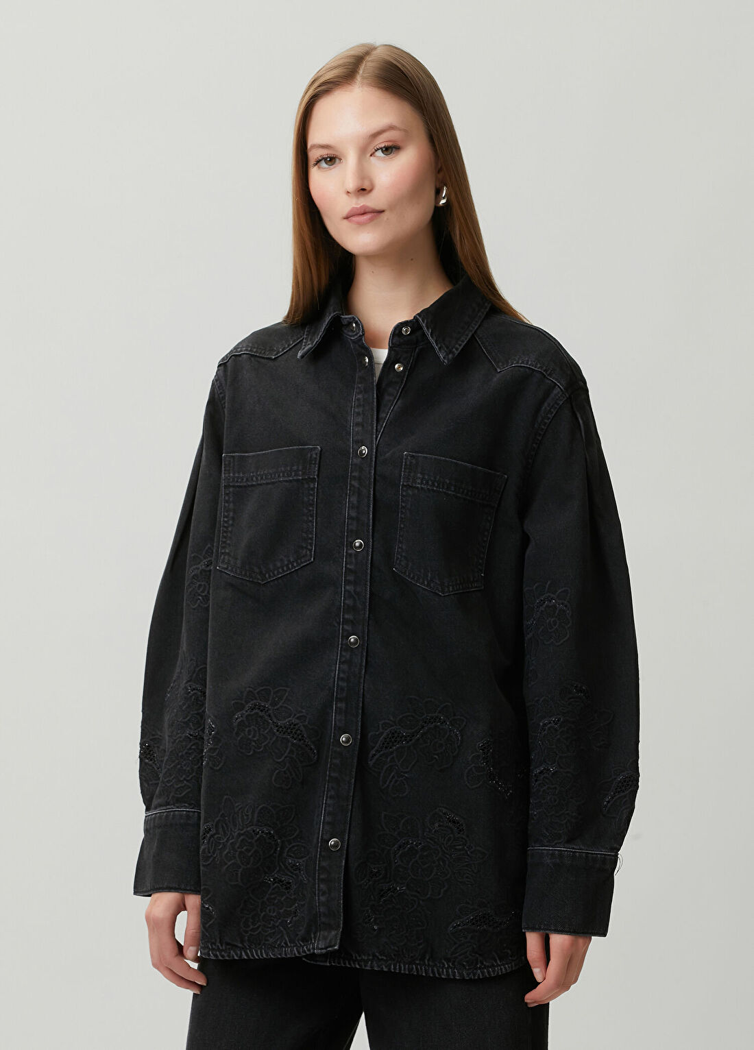 Ganni Antrasit Nakışlı Denim Gömlek