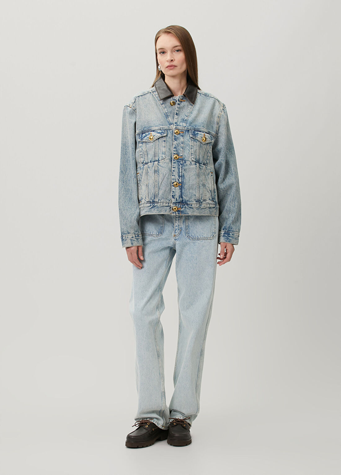 Sandro Freja Mavi Deri Yaka Denim Ceket görsel 2